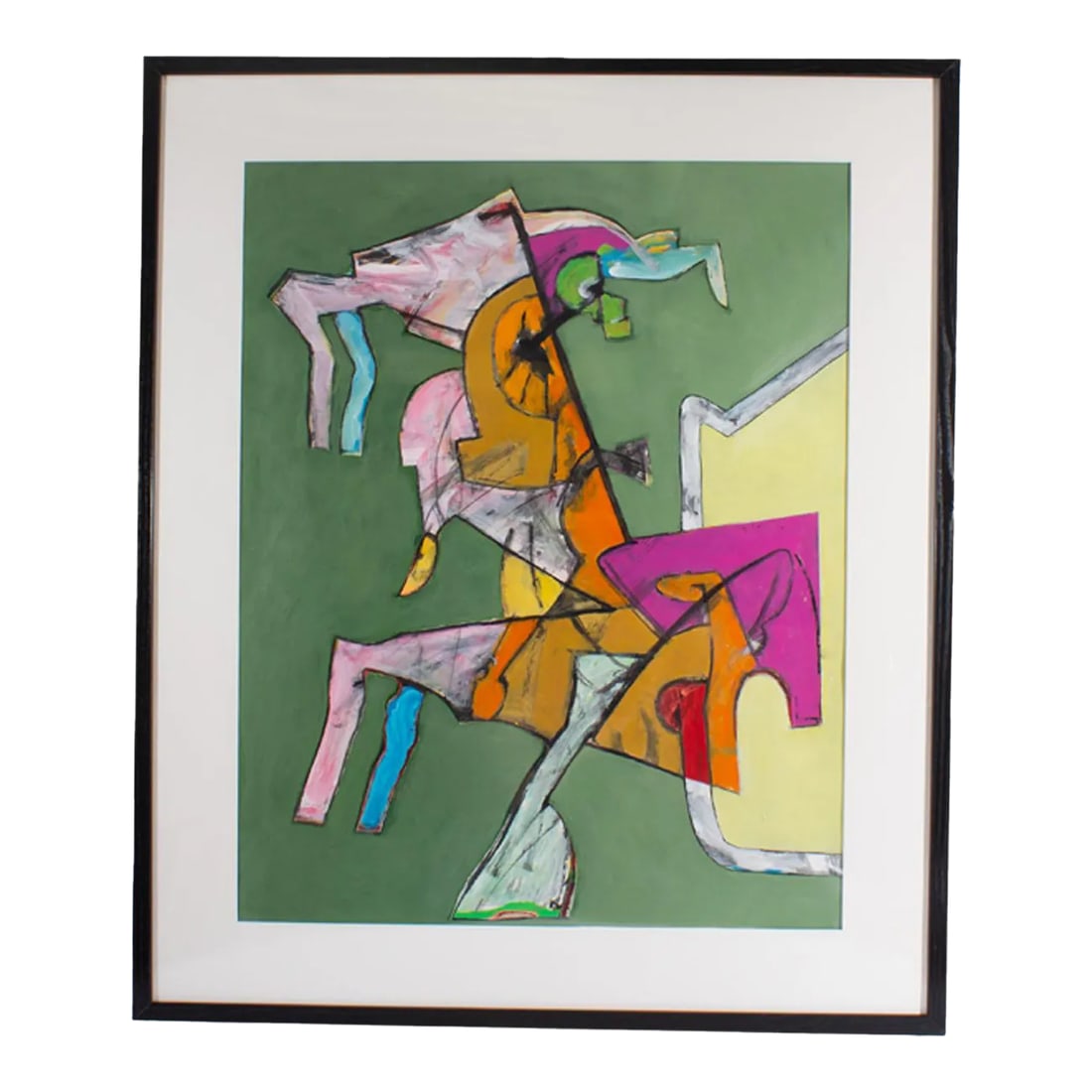 Abstract Mixed Media Painting by James L. Bruch: An abstract mixed media painting by the American artist James L. Bruch (1942-2023). This brightly colored composition depicts an exuberant display of colorful abstract pink, purple, orange, yellow