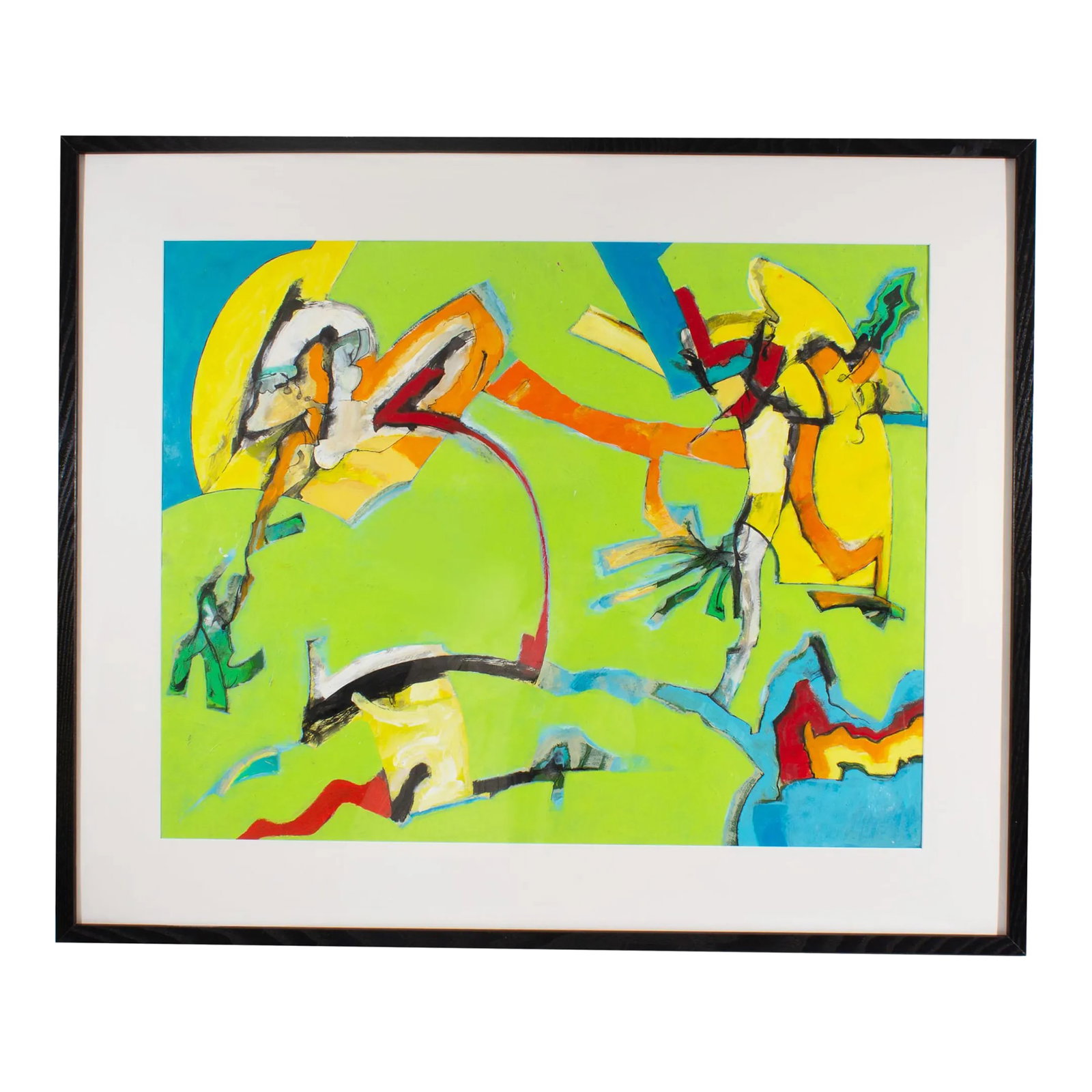 Abstract Mixed Media Painting by James L. Bruch: An abstract mixed media painting by the American artist James L. Bruch (1942-2023). This brightly colored composition depicts an exuberant display of colorful abstract light blue, red, orange, and