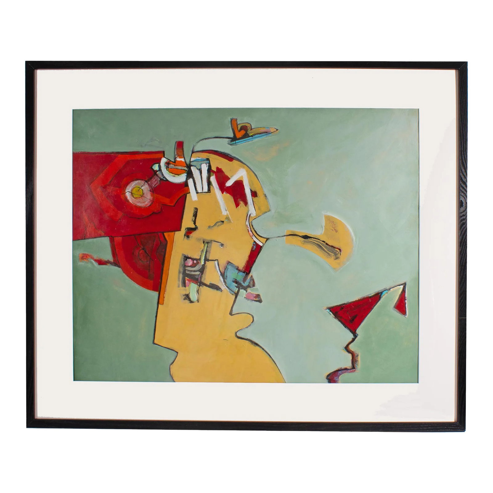 Abstract Mixed Media Painting by James L. Bruch: An abstract mixed media painting by the American artist James L. Bruch (1942-2023). Colorful illustrated objects occupy an abstract block and biomorphic shape outlined in black against a light