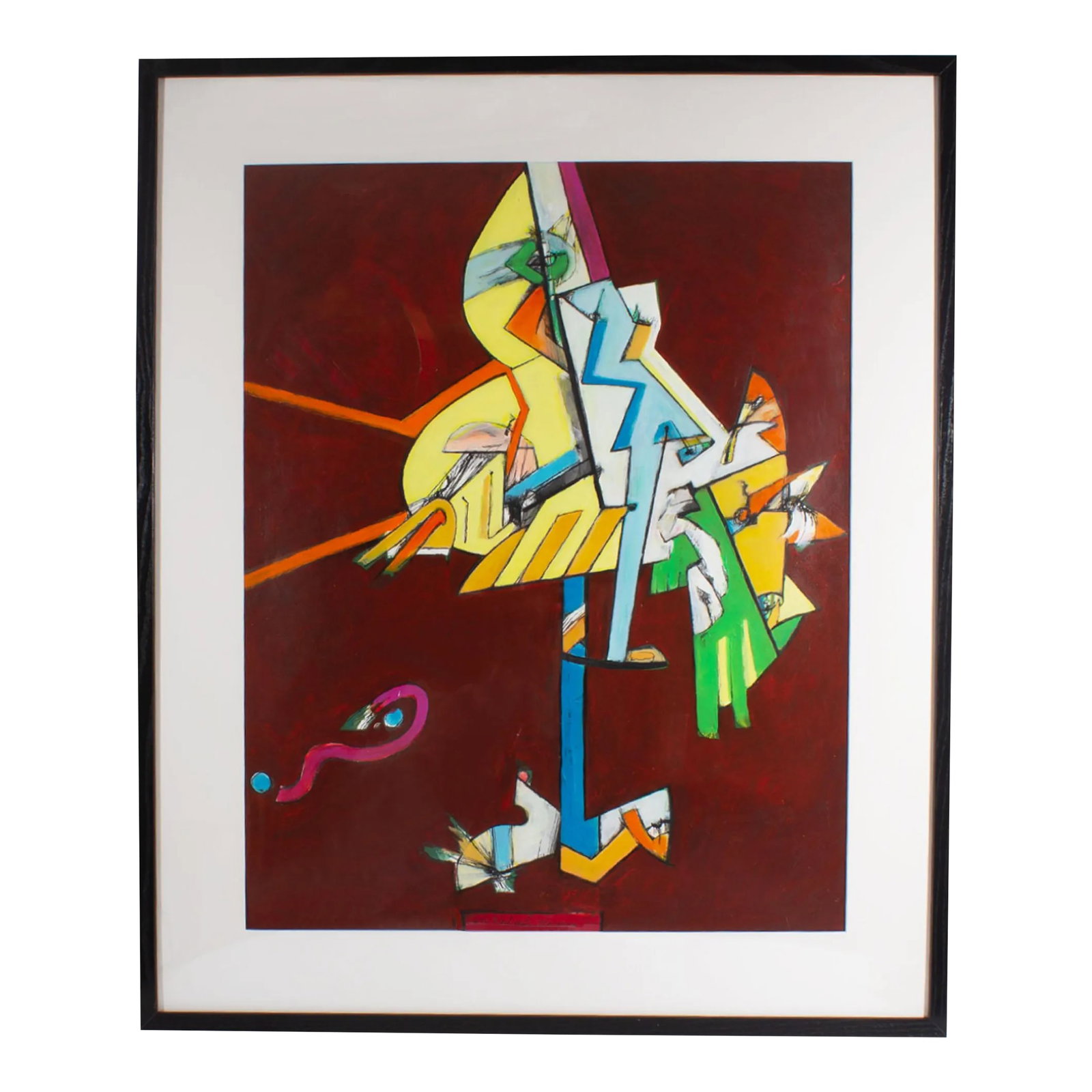 "Early Bird Gets the Worm" Abstract Mixed Media Painting by James L. Bruch: An abstract mixed media painting titled, Early Bird Gets the Worm, by the American artist James L. Bruch (1942-2023). Titled along the bottom edge, layers of abstract colorful shapes merge against a