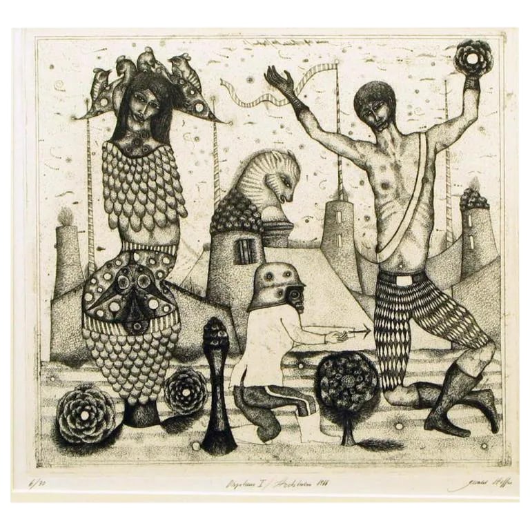 Surrealistic 1966 Etching by Gerald Steffe Entitled "Orpheus I": Entitled "Orpheus I," and numbered six of thirty, this etching was created by Gerald Steffe in 1966. Steffe was born in Austria in 1939, and relocated to Stockholm in 1962. He is known for his surreal