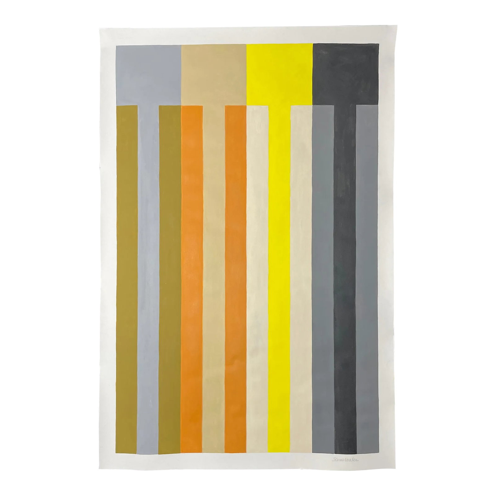 Painting With Stripes in Warm Colors: This painting features bold vertical stripes with alternating blocks of warm colors including khaki beige, muted orange and bright yellow. The regular geometric shapes and color combination evoke natu