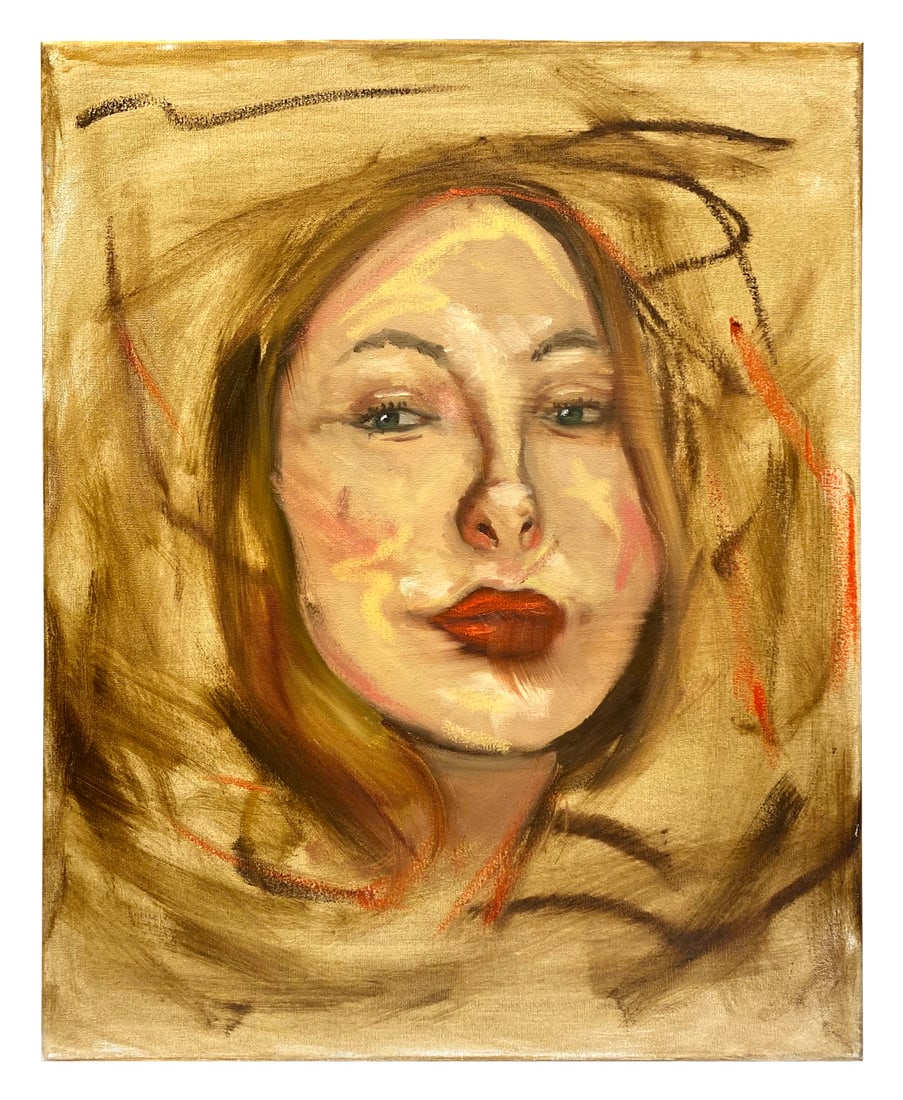 Portrait of Woman Expressive Original Oil Painting: A portrait of a woman with expression markings bright red lips on a beige background. Original oil painting. Condition: Imperfections: Some Imperfections Condition Notes: Small hole in canvas bottom