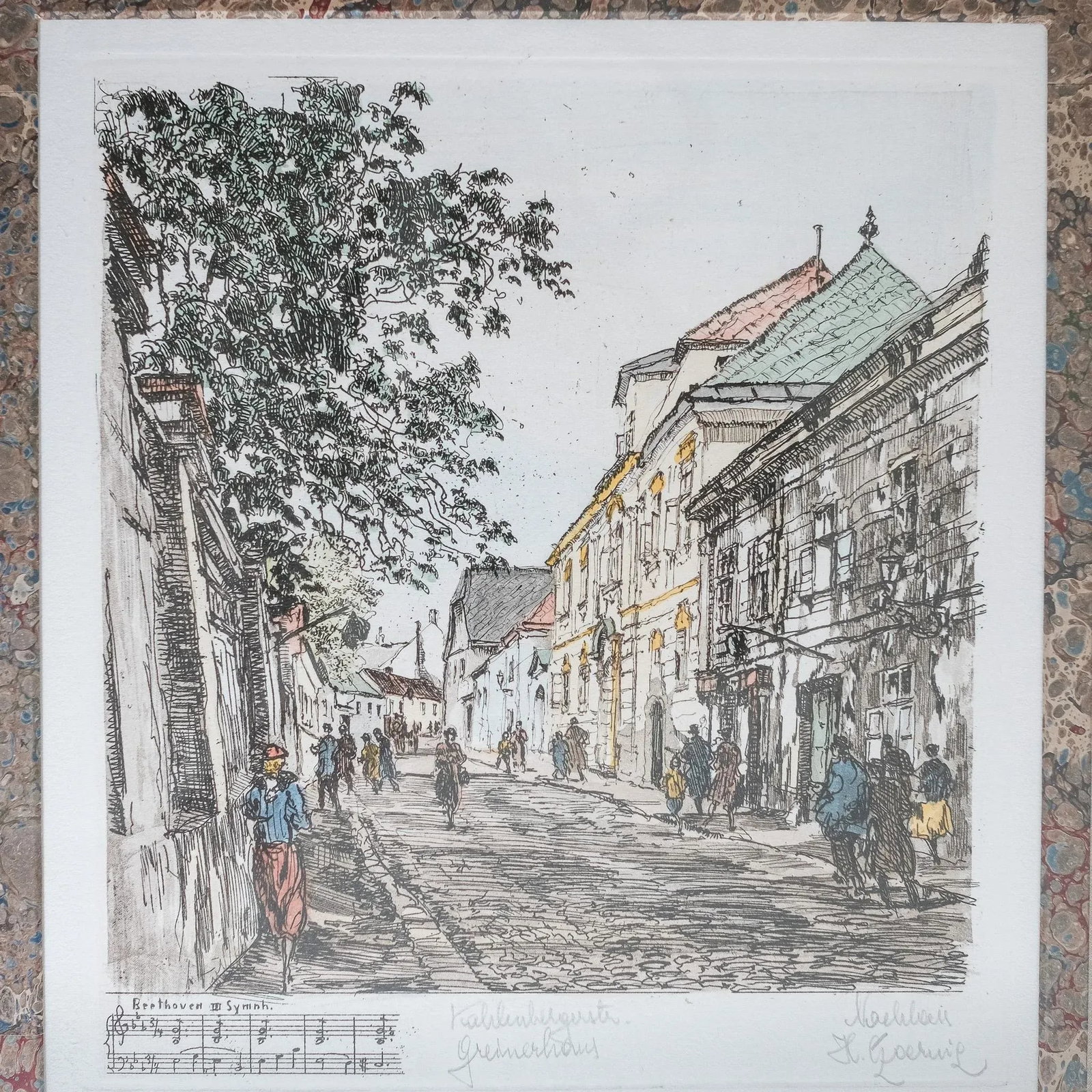 Franz Xavier Wolf 1940s Architectural Color Etching, Framed - 3
