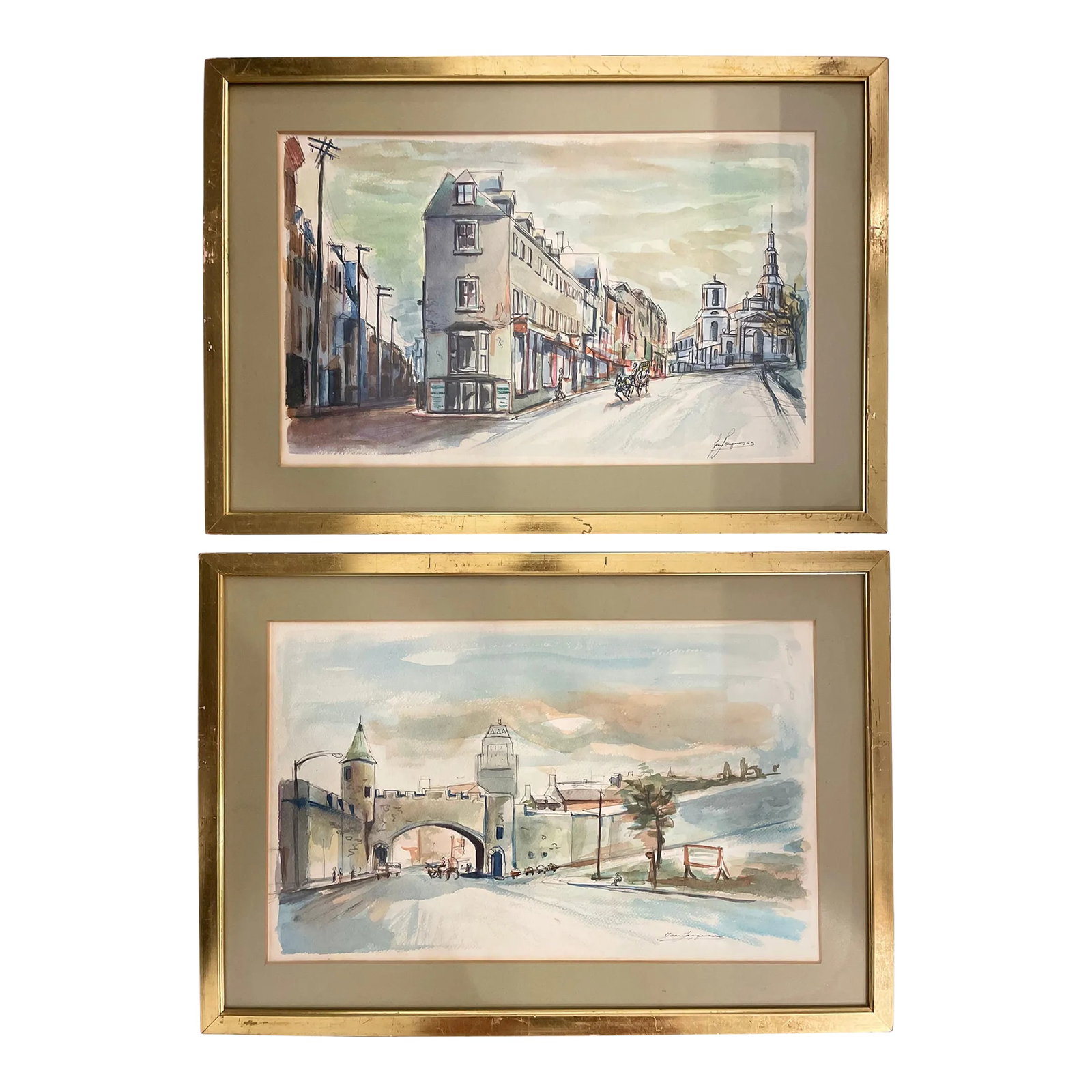 1960s Mid-Century Watercolor Cityscapes, Original & Signed by Artist; In Matching Frames - Set of 2 (1 of 12)
