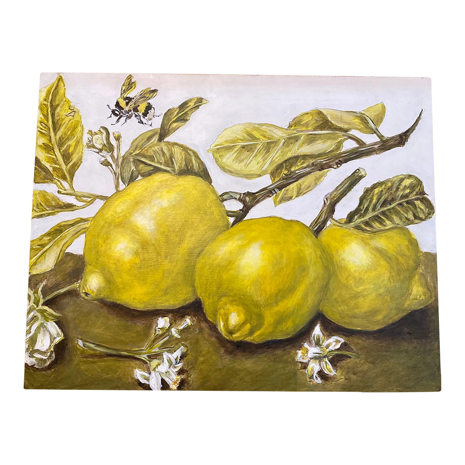 Renaissance Lemon Painting, Acrylic on Wood by Jill Pavlas: A lovely painting of lemon branches, based on a Renaissance painting. Painted in a wood base and ready to hang. Painted by Jill Pavlas, a Texas artist. Condition: Imperfections: No Imperfections