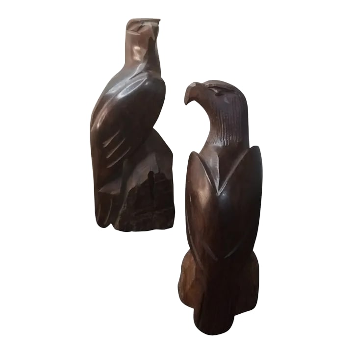 1970s Exquisite Rare Pair of Hand Carved Ironwood Eagle Sculptures.: EXQUISITE RARE Pair of Hand carved Ironwood Eagle Sculptures. Large is 8.5" tall Small is 7" Tall This exquisite pair of hand-carved ironwood eagle sculptures is a rare find for collectors of