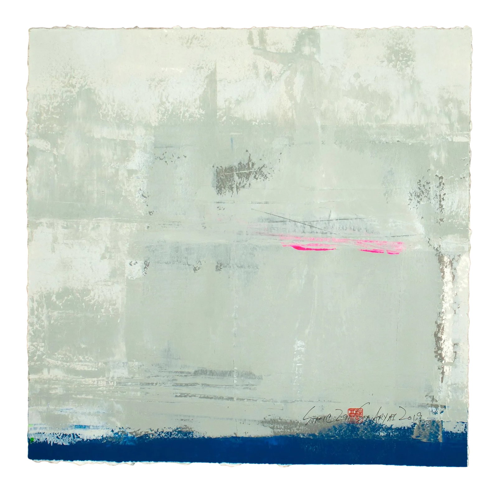 Abstract Expressionist Painting, Static 291 Deep Sea: In this series as the layers of abstract color-content begins to take shape, I then use various tools to hard chunks of pigment to define some of the emerging images that I see then colors switch
