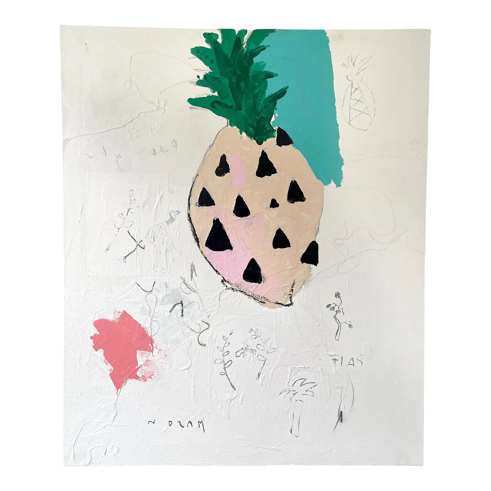 Corey Mason Fine Art - Welcome - Pineapple - Salt: Original Pineapple art from artist Corey Mason. Large Scale, Pigment on primed canvas. Mixed media. Received directly from artist. Only owner. In this piece a pineapple is the focus with swatches of