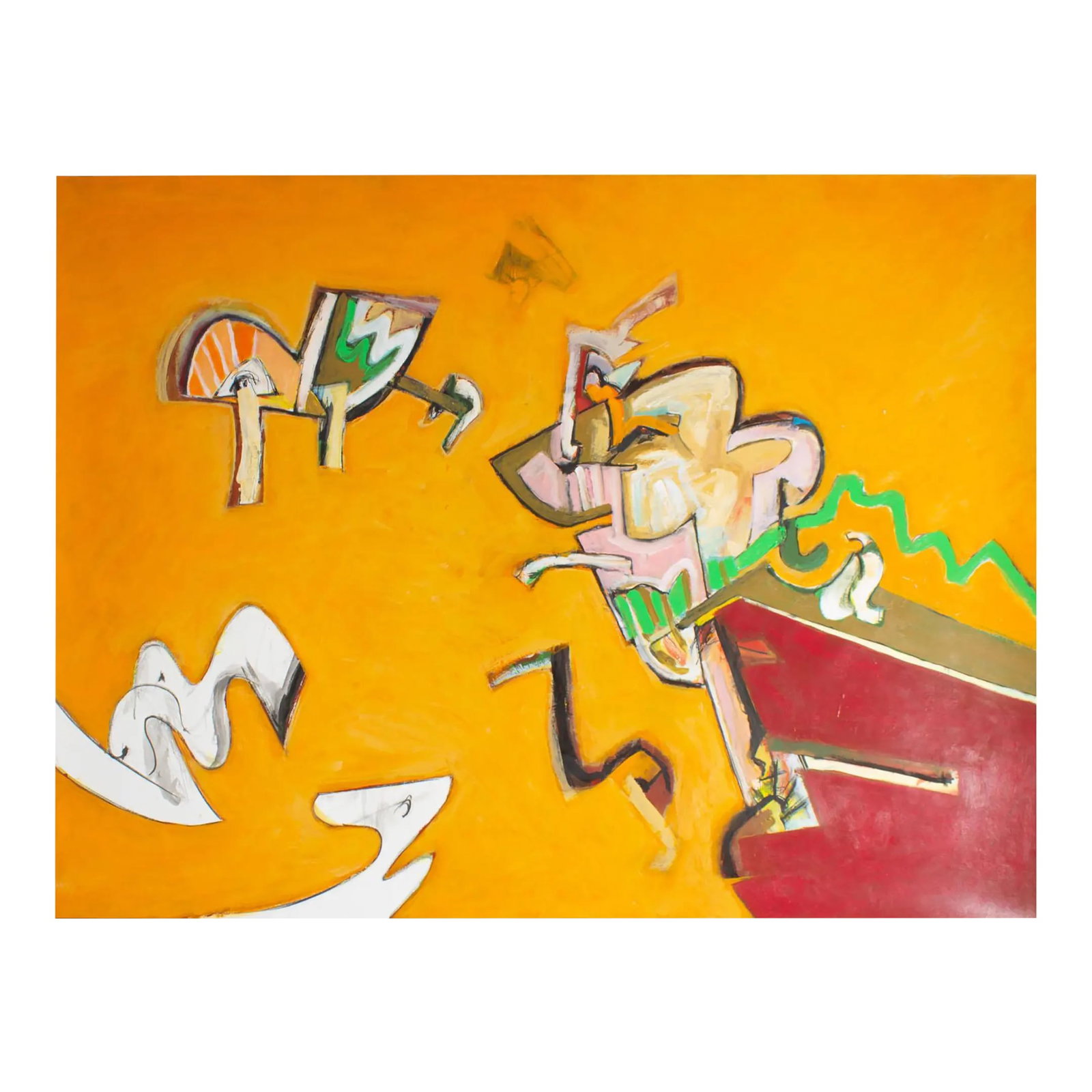 Abstract Acrylic on Paper Painting by James L. Bruch: An acrylic on paper painting by the American artist James L. Bruch (1942-2023). The painting exhibits graffiti like shapes of dark red, white, pink, and tan against a bright orange solid background. T