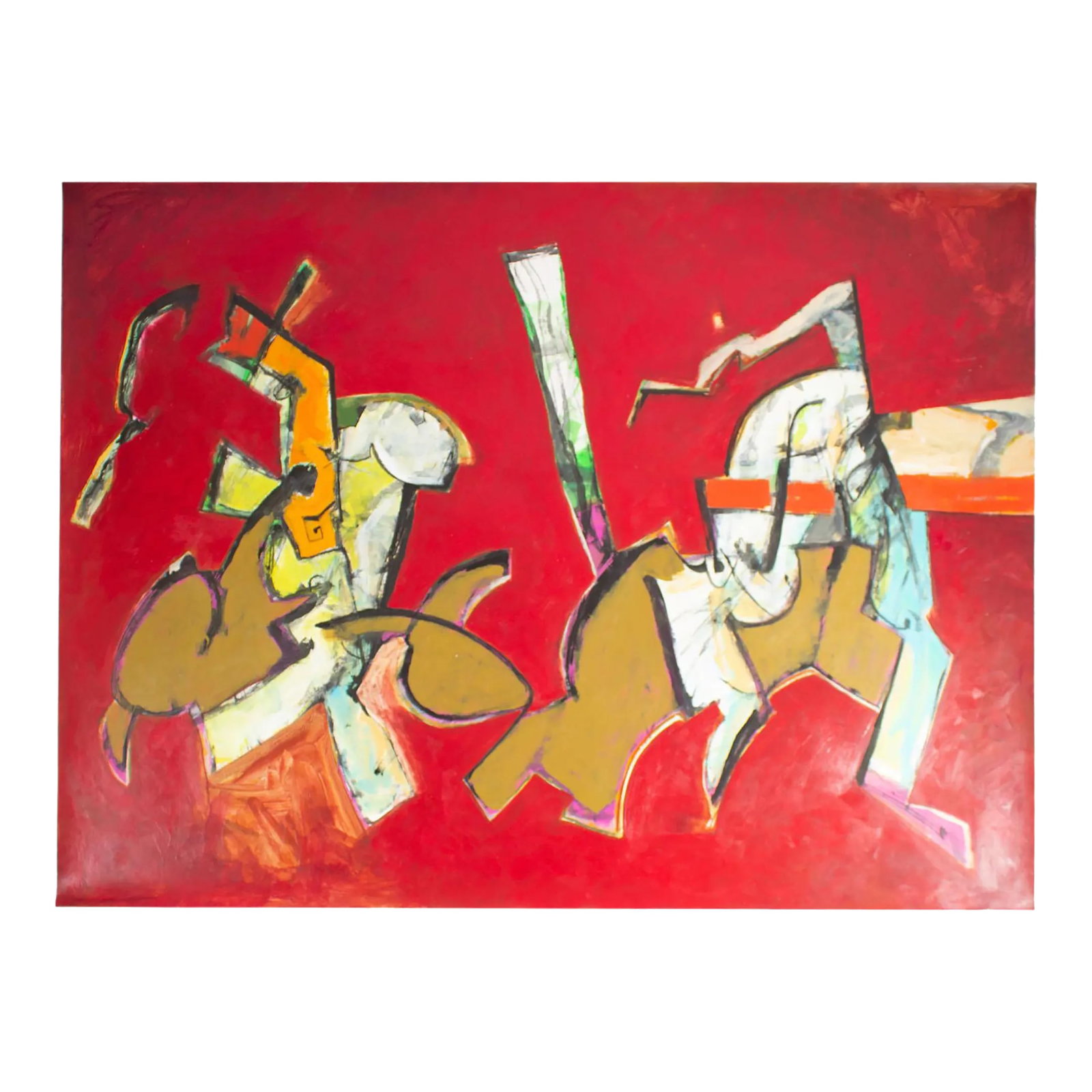 Abstract Acrylic Painting on Paper by James L. Bruch: An acrylic on paper painting by the American artist James L. Bruch (1942-2023). This abstract acrylic painting consists of jagged shapes in yellow ochre, orange, and white outlined in black against a 
