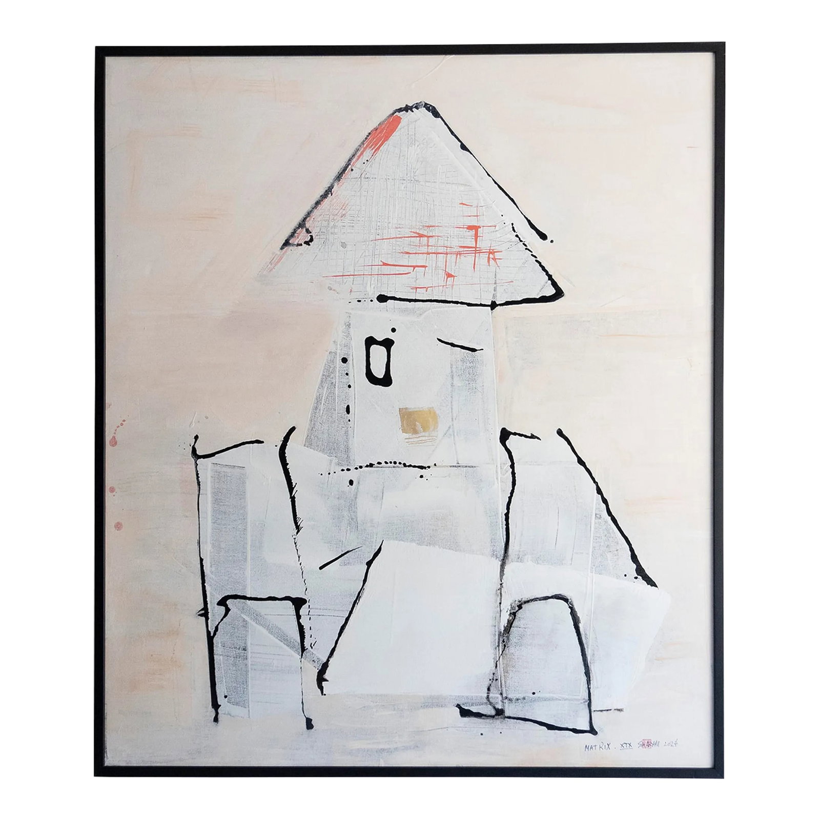 Matrix. XIX Framed Abstract Surreal White Figure Painting: This lively original painting brings a pop of life to any living room. It is 42X48" oil acrylic charcoal on canvas custom-framed in a 43X49X1.75" black wood shadow box. Signed, dated, and stamped on t
