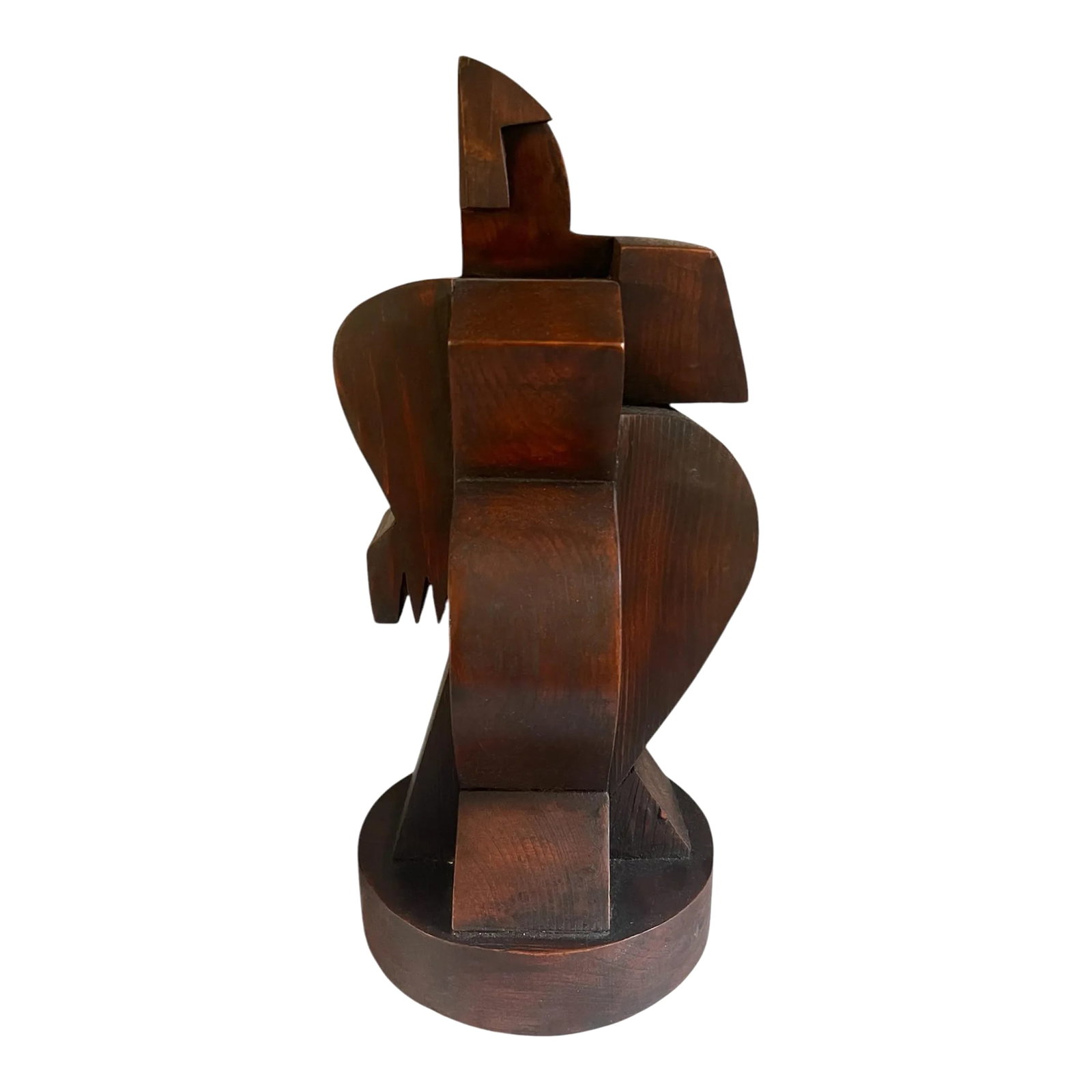 Mid 20th Century Vintage Atelier Boulogne Art Deco Wood Female Sculpture: Introduce a unique artistic element to your decor with this vintage cubist wood sculpture of a woman. Its geometric lines and natural wood finish embody the cubist aesthetic, making it a captivating