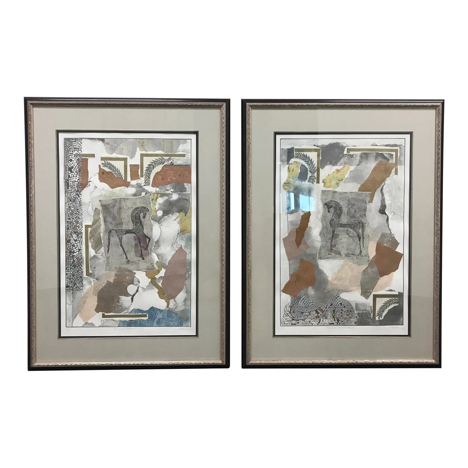 Pair of Original Mixed Medium Gouache Paint & Paper Collage Art With Trojan Horses, Titled Mycenaean: These are large pieces with original mixed medium gouache metallic paint and paper collage art on board depicting a Mycenaean Greek theme by artist, Liz Jardine circa 1990s. The intricate layering and