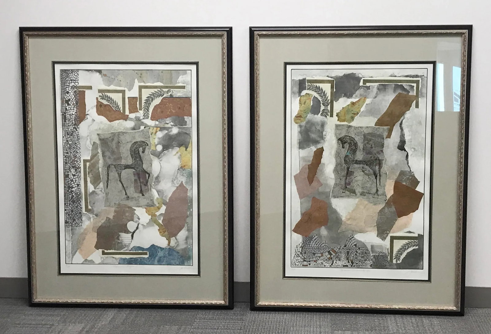 Pair of Original Mixed Medium Gouache Paint & Paper Collage Art With Trojan Horses, Titled Mycenaean - 2