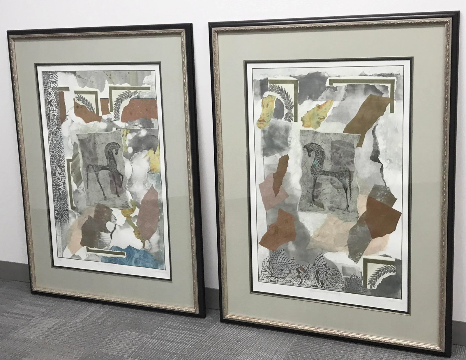 Pair of Original Mixed Medium Gouache Paint & Paper Collage Art With Trojan Horses, Titled Mycenaean - 3