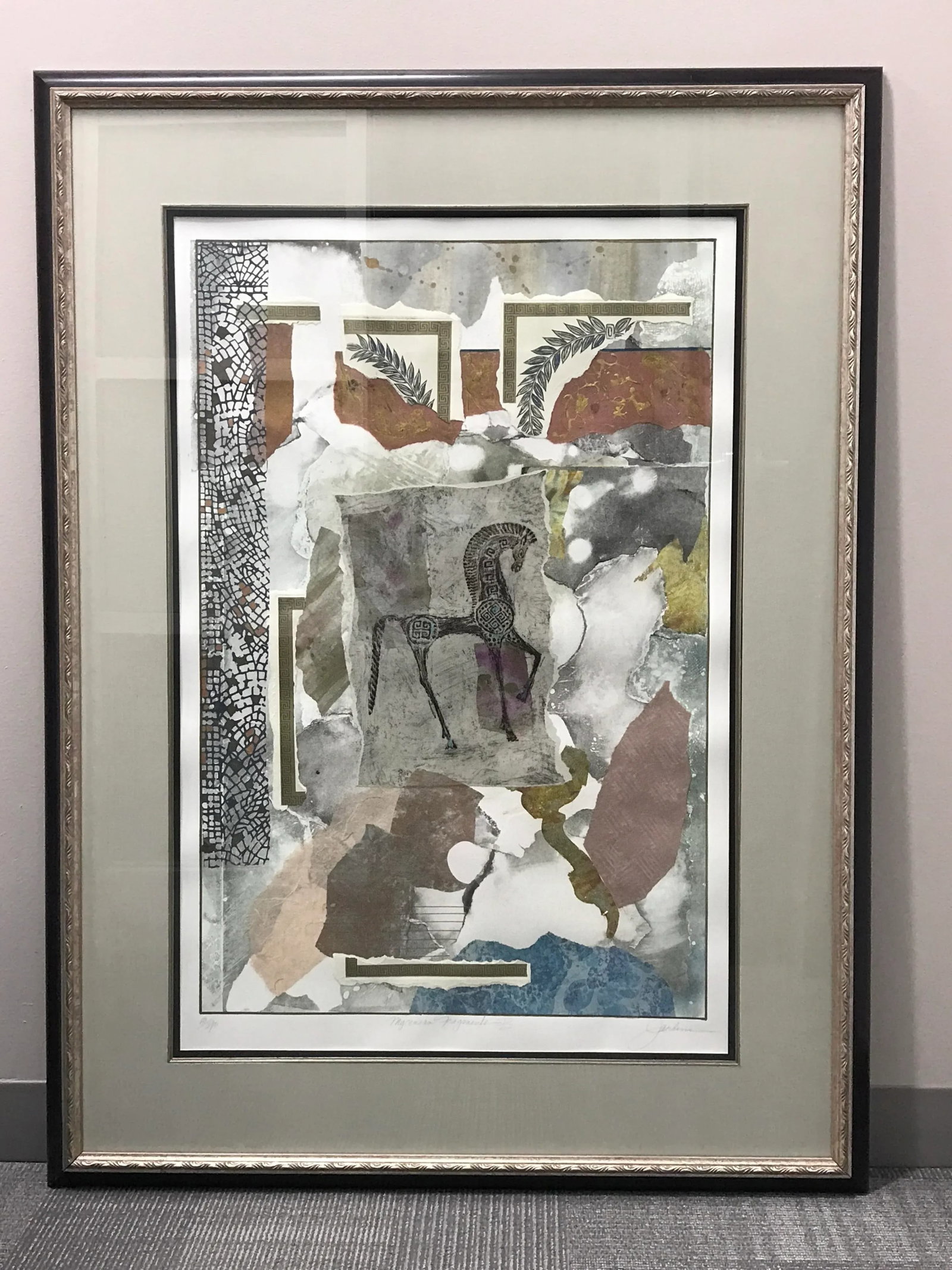 Pair of Original Mixed Medium Gouache Paint & Paper Collage Art With Trojan Horses, Titled Mycenaean - 4