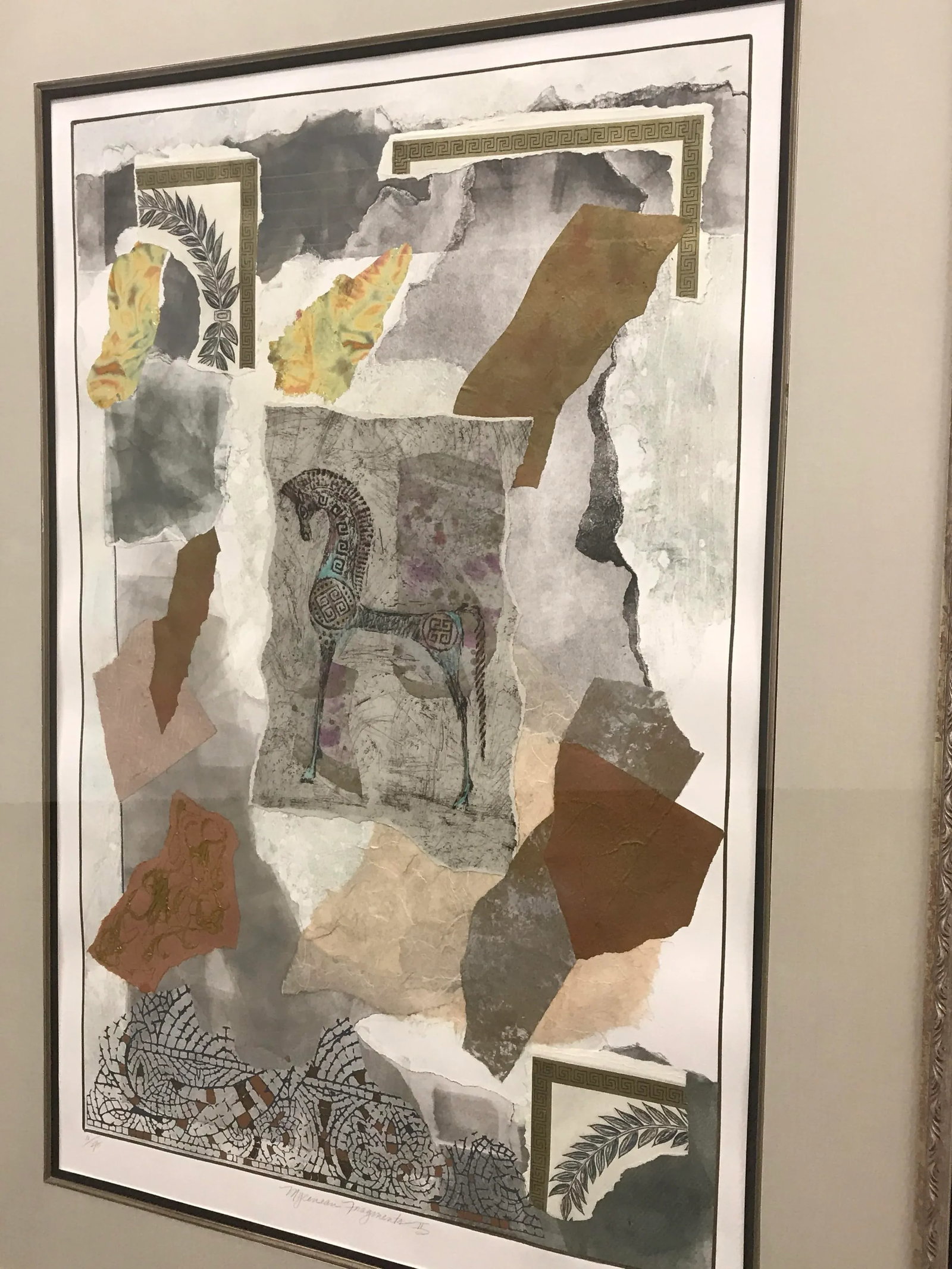 Pair of Original Mixed Medium Gouache Paint & Paper Collage Art With Trojan Horses, Titled Mycenaean - 9