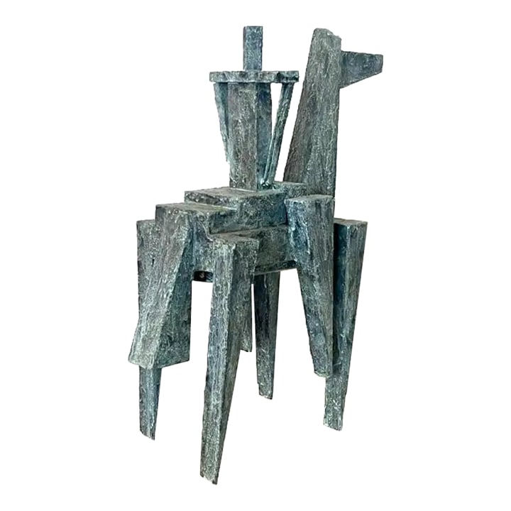 Bill Low Modernist Cubist Sculpture by Bill Low With Weathered Bronze Finish 1960s: Cubist abstract mixed-media sculpture titled 'Horse and Rider' was created using various materials including wood, papier-mache, and paint by Bill Low (Scotland 1898-1980). Beautiful weathered bronze 