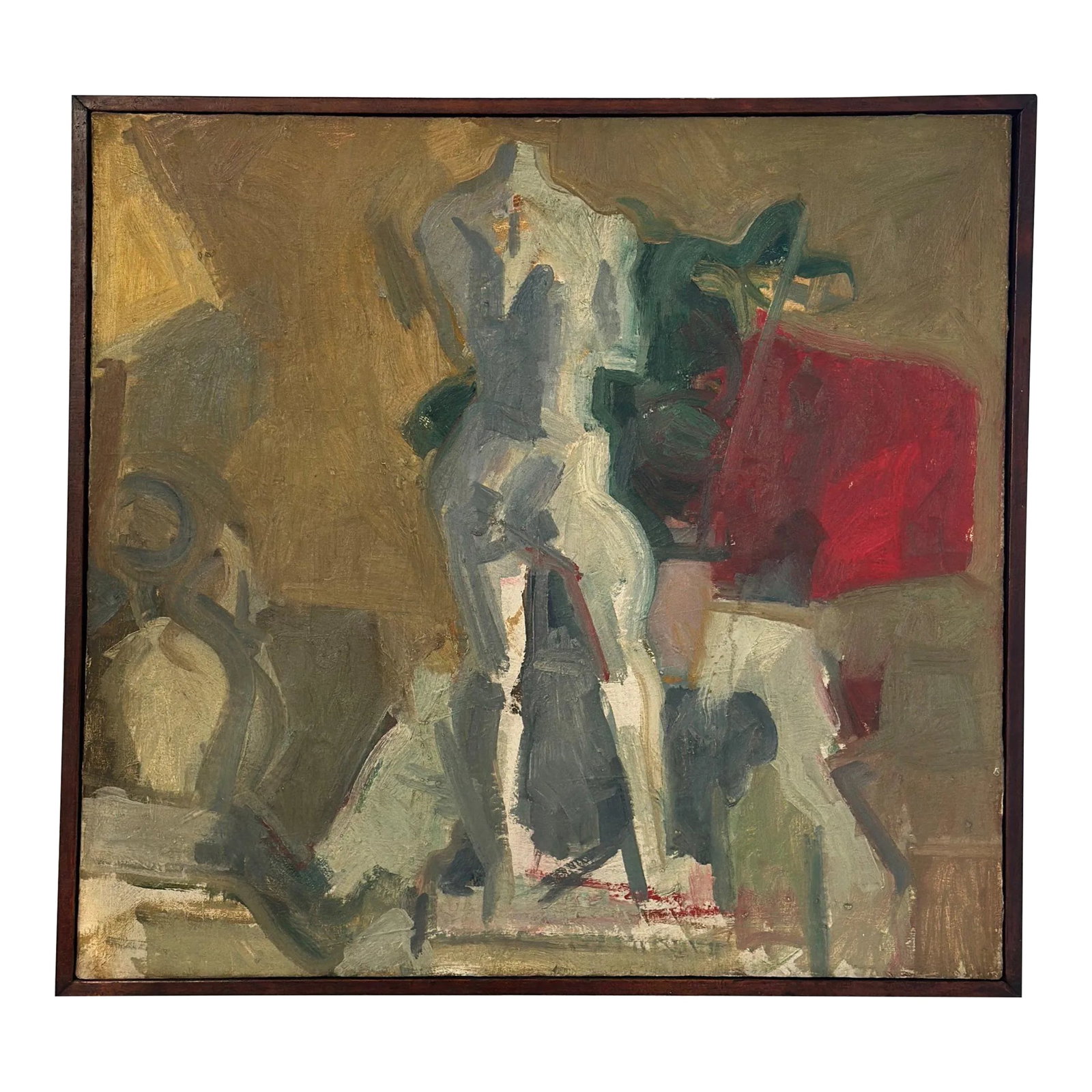 Vintage Large-Scale Still Life Painting on Canvas With Nude Sculpture, Circa 1960s: Vintage Large-Scale Still Life Painting on Canvas With Nude Sculpture, Circa 1960s. The artist employed lively brush strokes and vibrant colors to create this work. Rendered in deep greens, vibrant sc