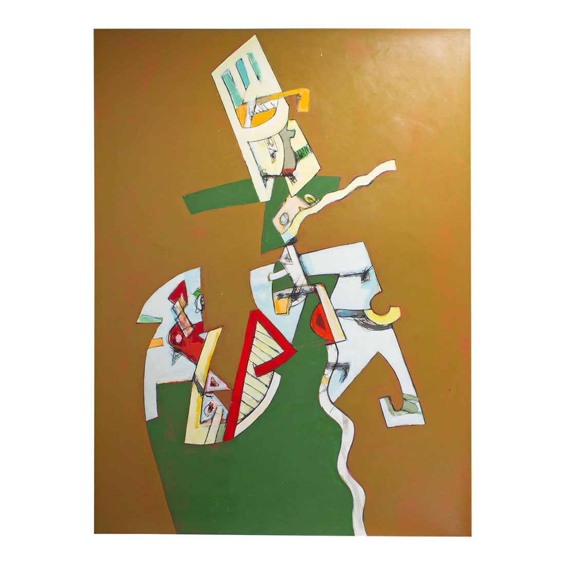 Abstract Acrylic Painting by James L. Bruch: An acrylic on paper painting by the American artist James L. Bruch (1942-2023). This abstract acrylic painting consists of abstract jagged white, green, blue, red, and yellow shapes against a dark tan