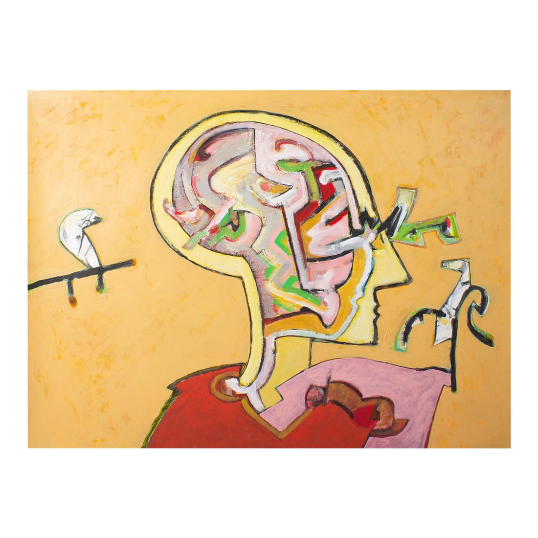 Abstract Acrylic Painting by James L. Bruch: An acrylic on paper painting by the American artist James L. Bruch (1942-2023). This work consists of abstract shapes which resemble the profile of figure in shades of red, pink, green, and yellow set