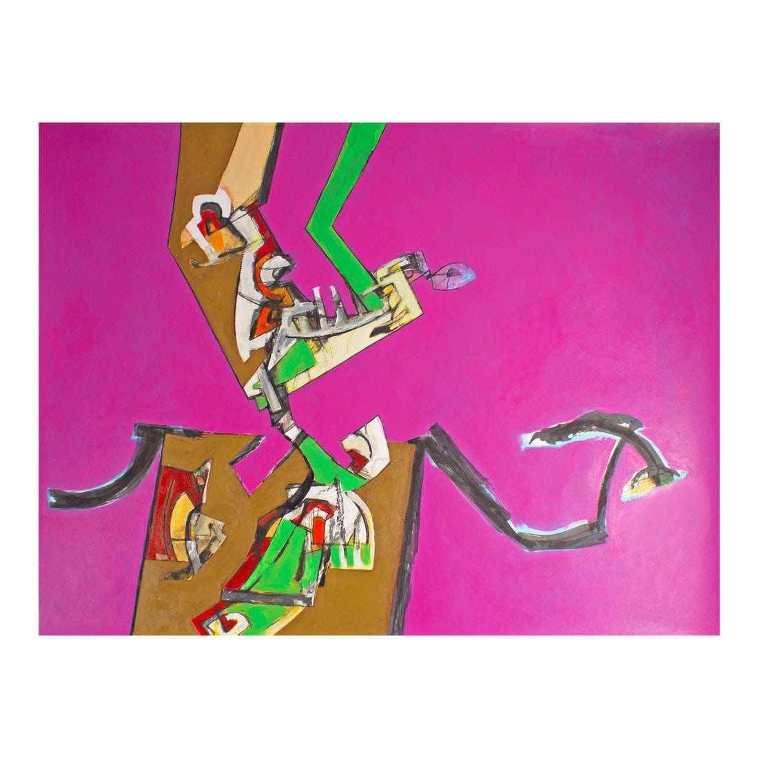 Abstract Acrylic Painting by James L. Bruch: An acrylic on paper painting by the American artist James L. Bruch (1942-2023). This acrylic painting consists of abstract jagged shapes in brown, green, red, and white against a solid bright pink bac