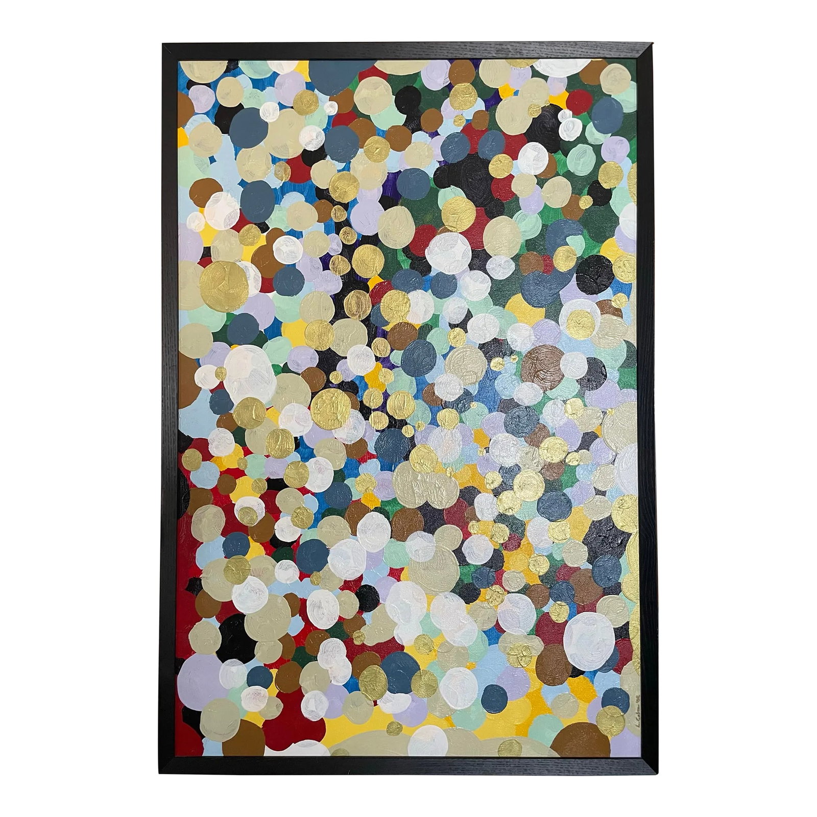 Large Abstract Oil Painting of Colorful Dots: This is the kind of painting that nearly everyone seems to notice and comment on- it's simply a fun piece! There are many more dots than first meet the eye, layers upon layers which give the painting 