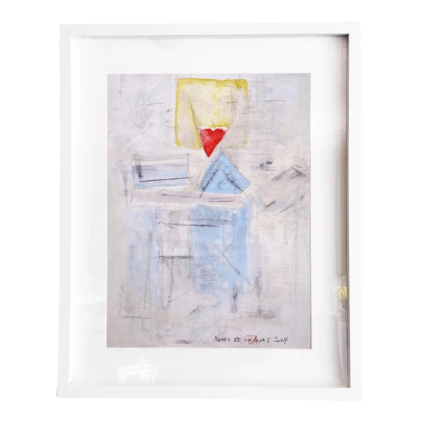 Matrix. XV Framed Surreal Abstract Red Figure Painting: This lively original painting with oil acrylic charcoal brings a pop of life to any living room. It is 16X20" on canvas custom-framed in a 20X28X1.2" white shadow box. Signed, dated, and stamped on