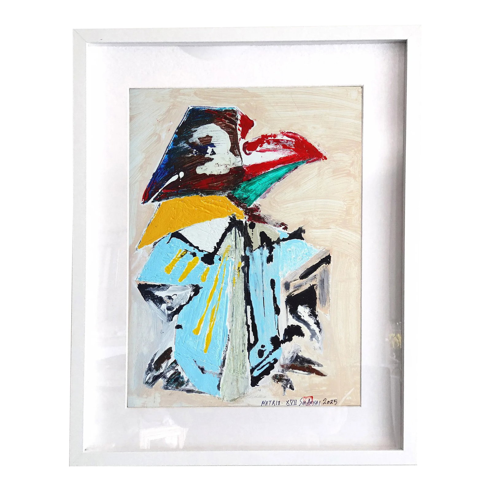 Matrix. XVII Framed Abstract Surreal Red & Yellow Painting: This lively original painting brings a pop of life to any living room. It is 16X20" oil acrylic charcoal /canvas custom-framed in a 20X28X1.2" white shadow box. Signed, dated, and stamped on the