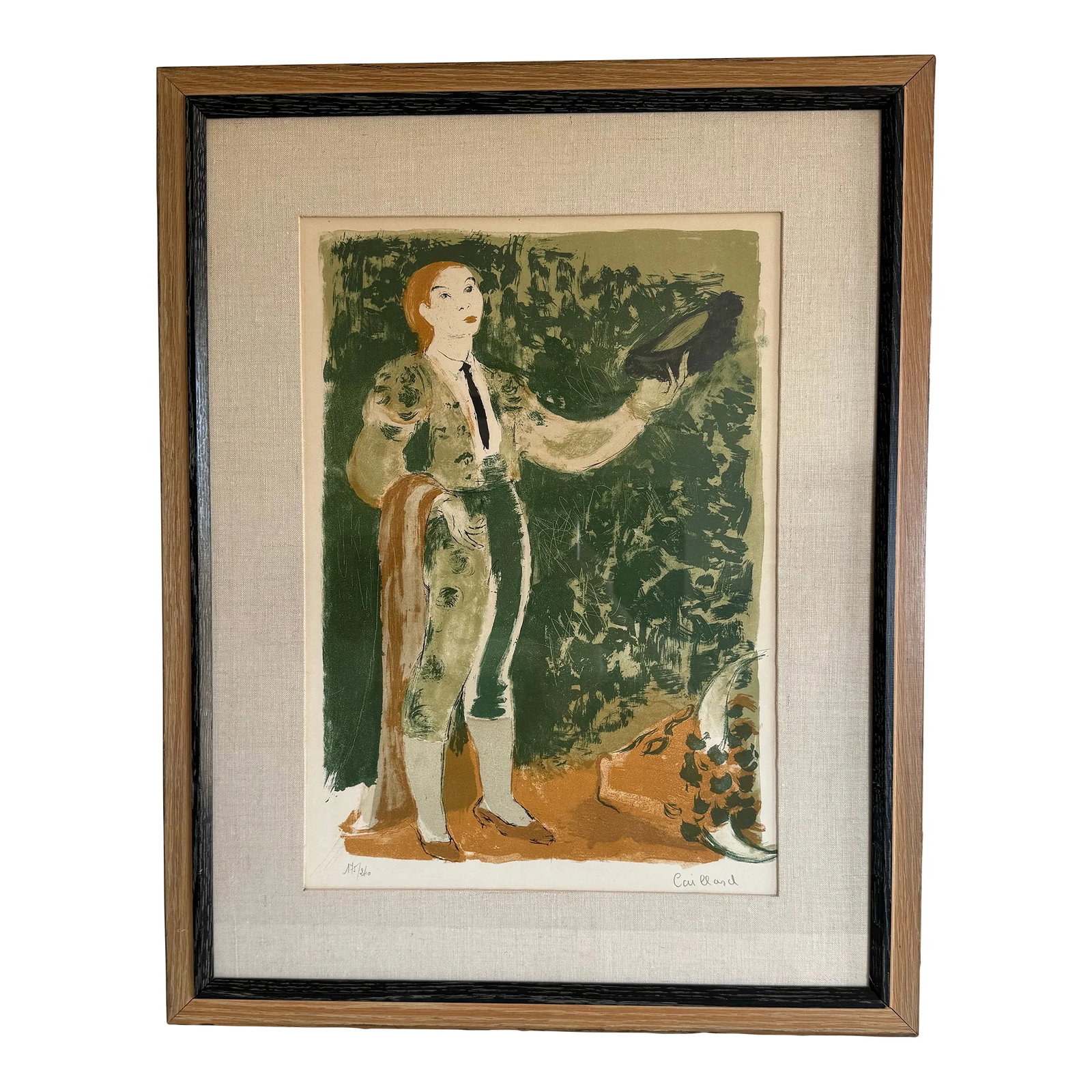Matador by Christian Hughes Caillard Lithograph, 1950s: Matador by Christian Hughes Caillard Lithograph, 1950s. This artist was from France ( 1999-1985). The lithograph is hand-colored, signed and numbered 175/250. It is framed in oak wood with a painted b
