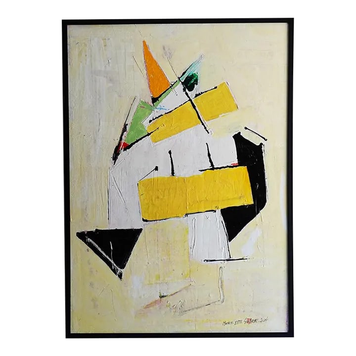 Matrix. XVIII Framed Surreal Abstract Figure Painting: This lively original painting brings a pop of life to any living room. It is 30X42" oil acrylic charcoal on canvas custom-framed in a 31X43X1.75" black wood shadow box. Signed, dated, and stamped on t