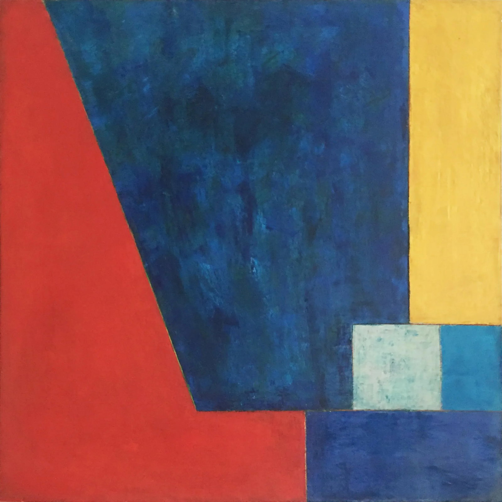 Abstract Geometric Oil Painting Primary Colors by Stephen Cimini: Large square geometric painting in vivid primary colors, red blue and yellow Oil paint, cold wax medium and marble dust on gallery wrapped 3-inch deep canvas. The painting continues around the edges