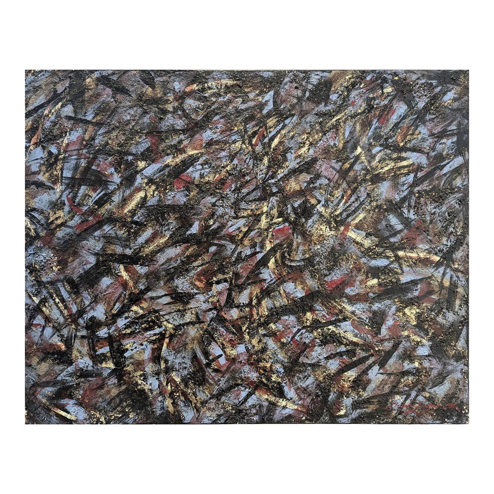 Abstract Expressionist Painting in Black, Blue and Red by Artist Jacques Lamy: Wonderful composition of movement, texture and color in the Abstract Expressionist tradition by French-American artist Jacques Lamy. Acrylic on canvas. Signed "Jacques Lamy" and dated "1989" bottom