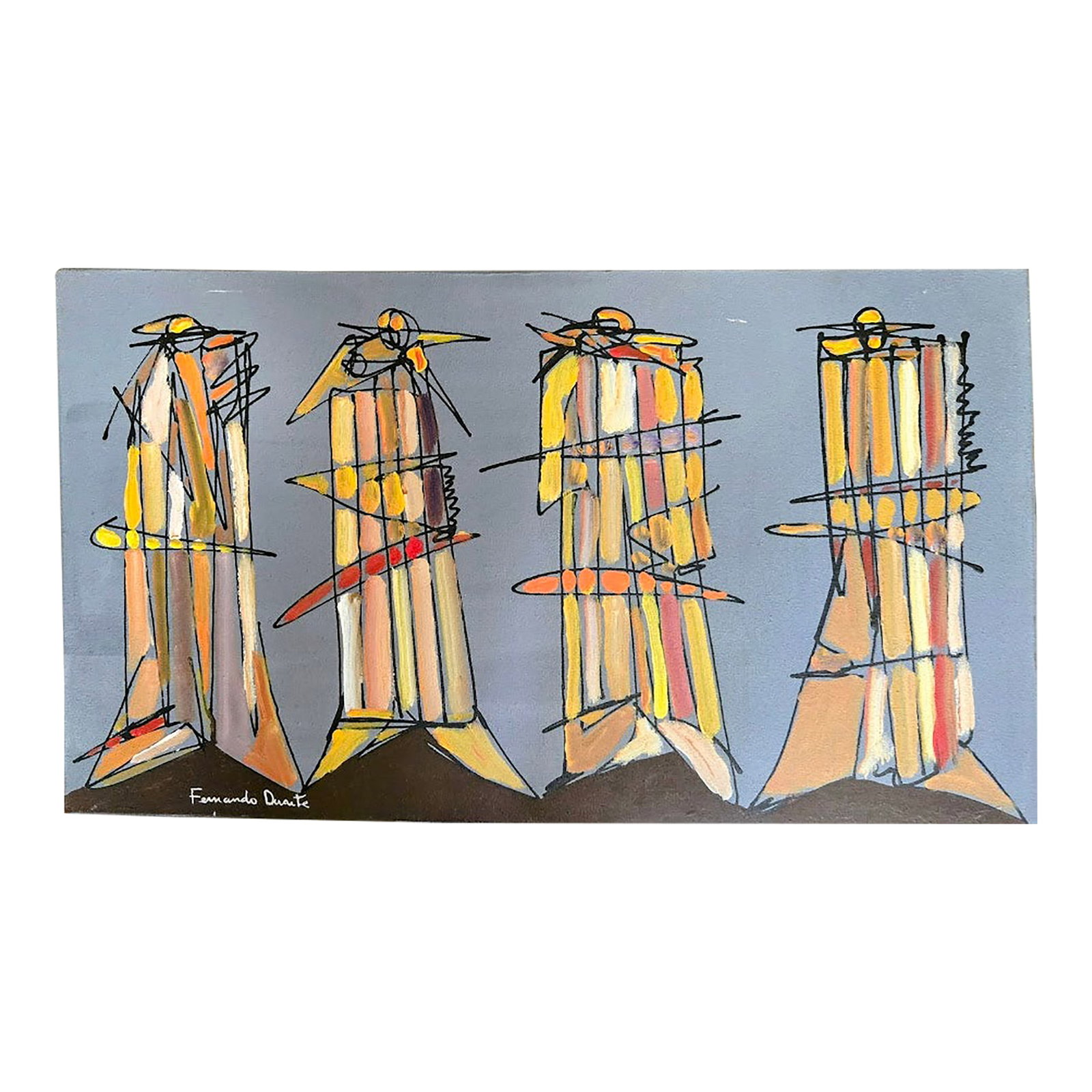 1990s Acrylic Painting With India Ink on Stretched Canvas by Brazilian Artist Fernando Duarte Modern: In this painting there is a carnival like feel and color scheme, with characters engaged in a humorous and festive dance or conversation.. The artist is definitely influenced by both cubism and