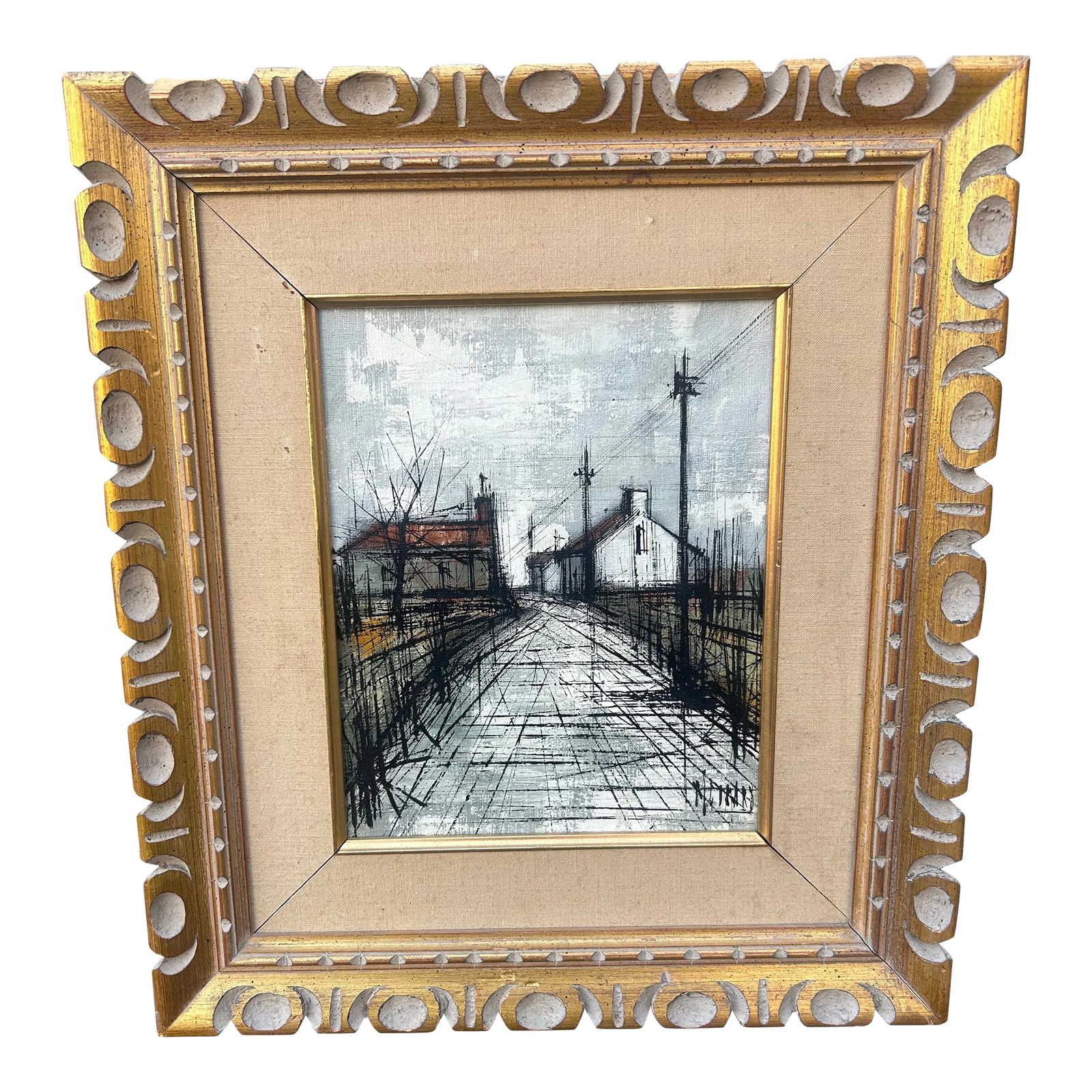 "Country Road, Winter" Midecentury Brutalist Style Oil Painting by Michel Girard (French B. 1939): Oil painting on canvas, signed lower right. Michel Girard was born in Montucon, France in 1939 and studied art at the Academie Charpentier and the Academie Julian. By the age of 20 he had already exhi
