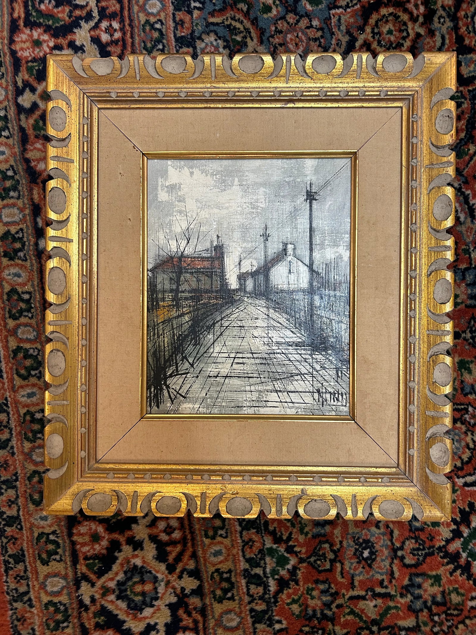 "Country Road, Winter" Midecentury Brutalist Style Oil Painting by Michel Girard (French B. 1939) - 2
