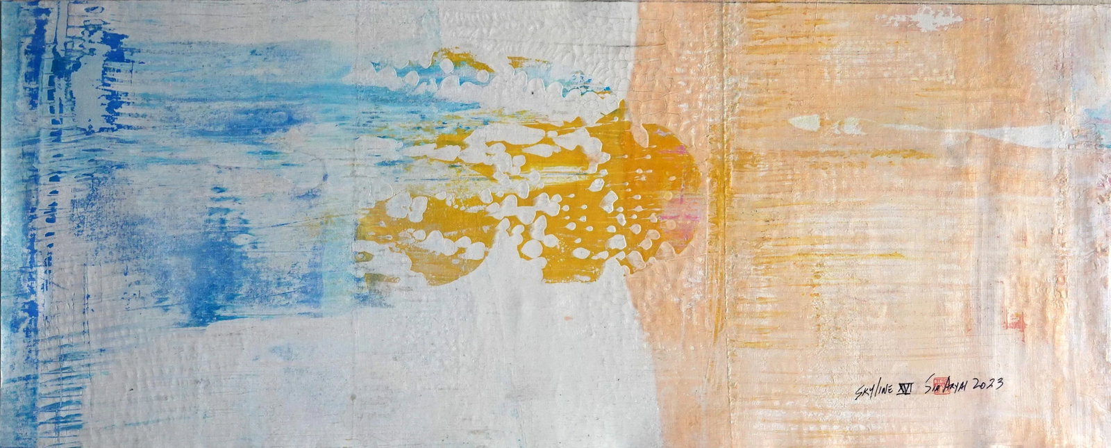 Skyline. XVI Surreal Abstract Blue/Yellow Oversize Canvas Painting: Whether you love art or just looking to decorate your home, this piece will create a new ambience and impact your daily life. This high-quality one-of-a-kind abstract acrylic painting on canvas is