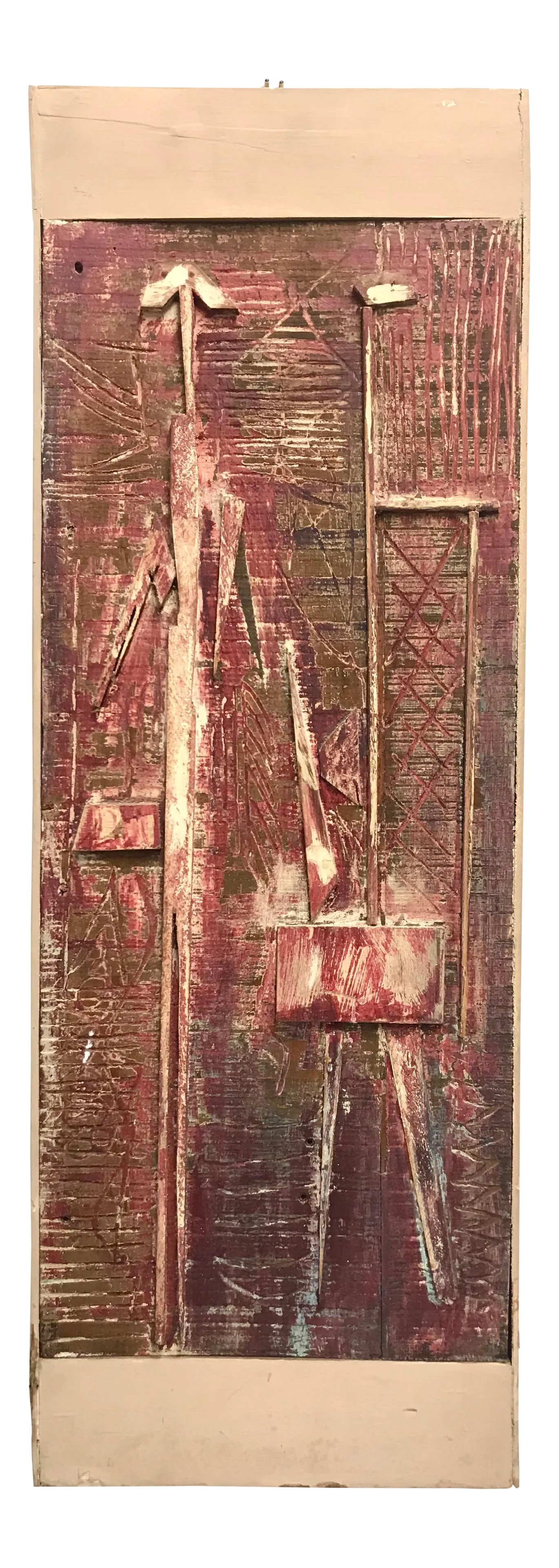 1950s Brutalist Assemblage Figural Abstract Painting: Mid century brutalist painted wood assemblage. Constructed of wood with carved main board and applied pieces. The imagery appears to depict an interior artist's studio scene, possibly a self