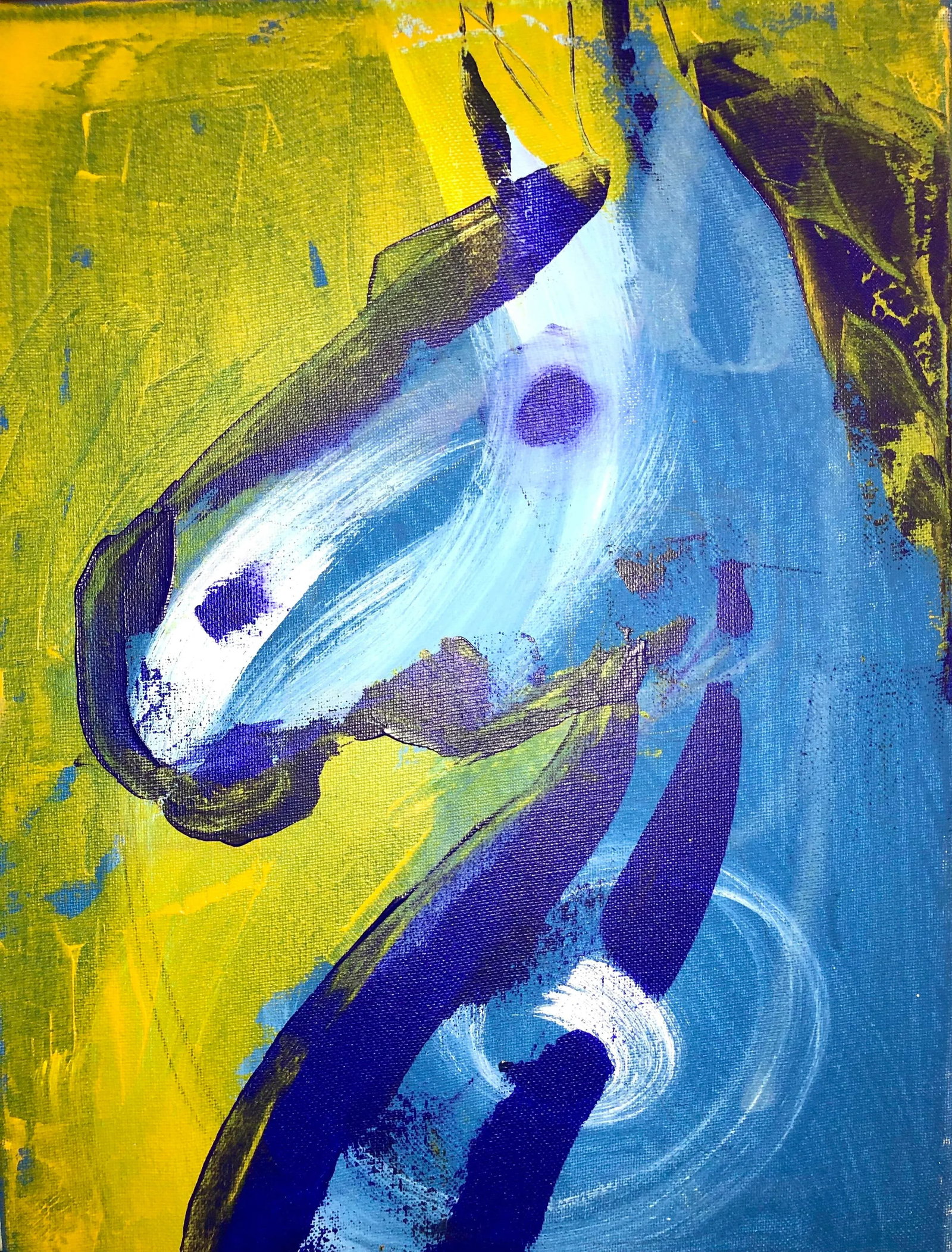 Horse in Blue and Yellow by Cassandra Auker. Acrylic on Stretched Canvas.: Part of my Horse series. A one of a kind original artwork. Wired and ready to hang, COA included. Cassandra Linnea Auker is a professional artist who resides in Florida. Her artwork is inspired by