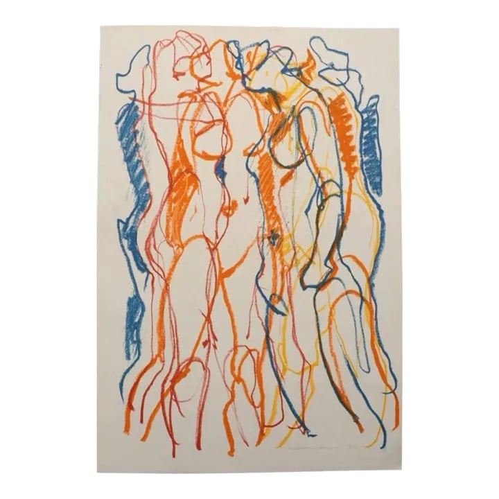 Jack Meanwell Oil Pastel Figure Drawing: Figurative composition, 1980 Oil pastel on paper Signed to lower right Hailing from Ontario, Canada, Jack Meanwell began his formal artistic training at the Detroit Art Academy and the Society of Arts