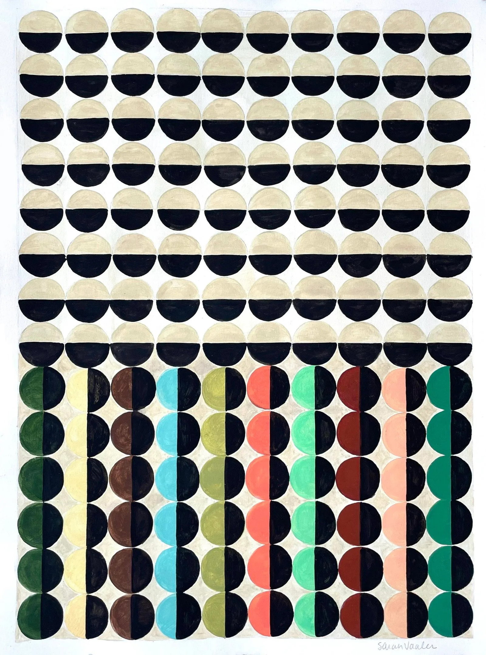 Multicolored Dot Painting: Here's a playful piece featuring rows of multicolored circles on a washy beige background. Colors include shades of green, peach and blue with khaki beige and black. Made with acrylic gouache paint on