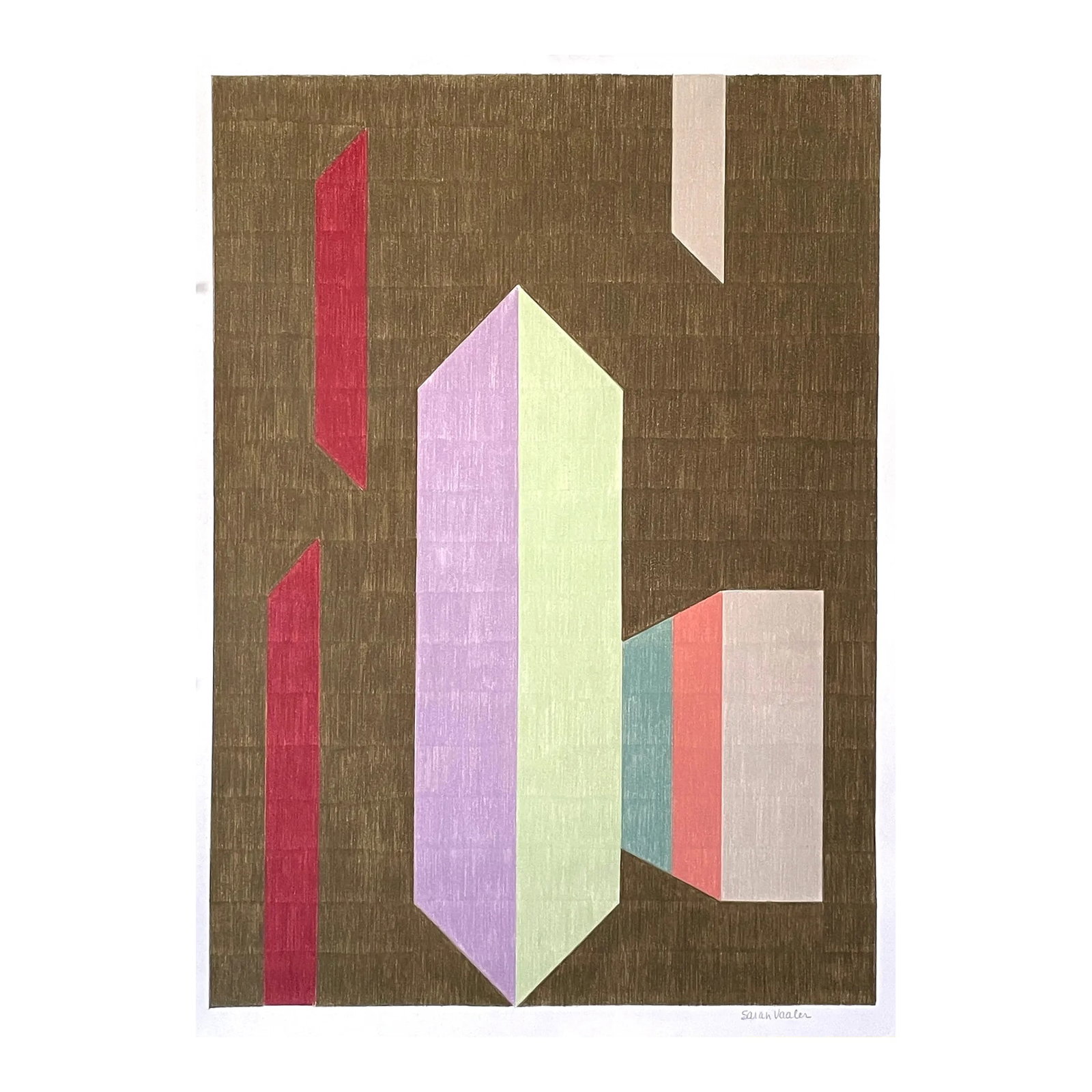 Geometric Color Pencil Drawing With Brown: This lively piece features floating multicolor geometric shapes on a brown background. Made with color pencil on paper. Size: 22" x 30". Signed. Unframed. Condition: Imperfections: No Imperfections Or