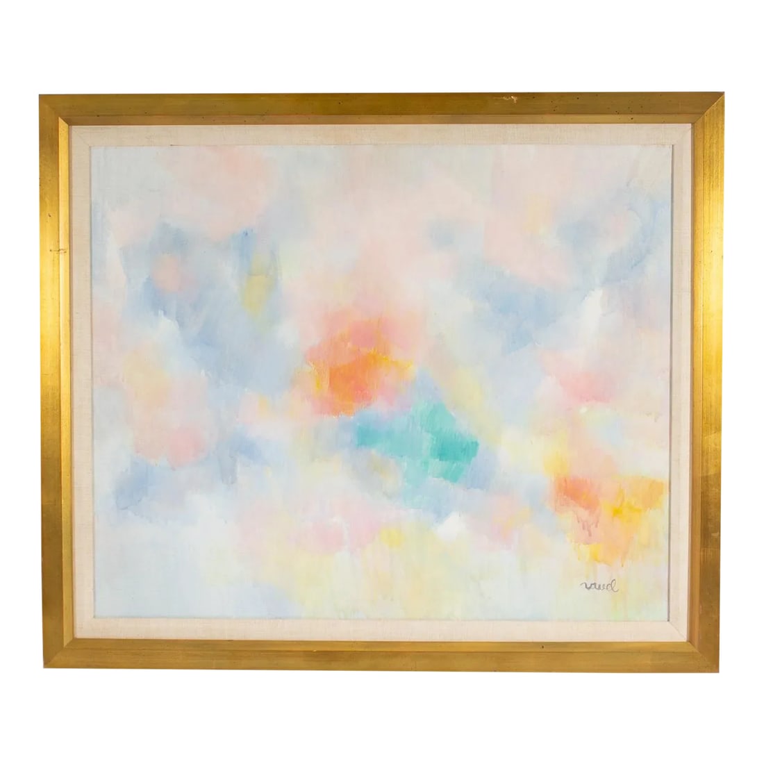 1969 "L'Espace Seul" Abstract Oil on Canvas Painting by Daniel Ravel: A 1969 oil on canvas painting by the French artist Daniel Ravel (1915-2002). Titled "L'Espace Seul," this painting consists of hazy pastel purples, pinks, blues, and oranges. Signed to the lower right