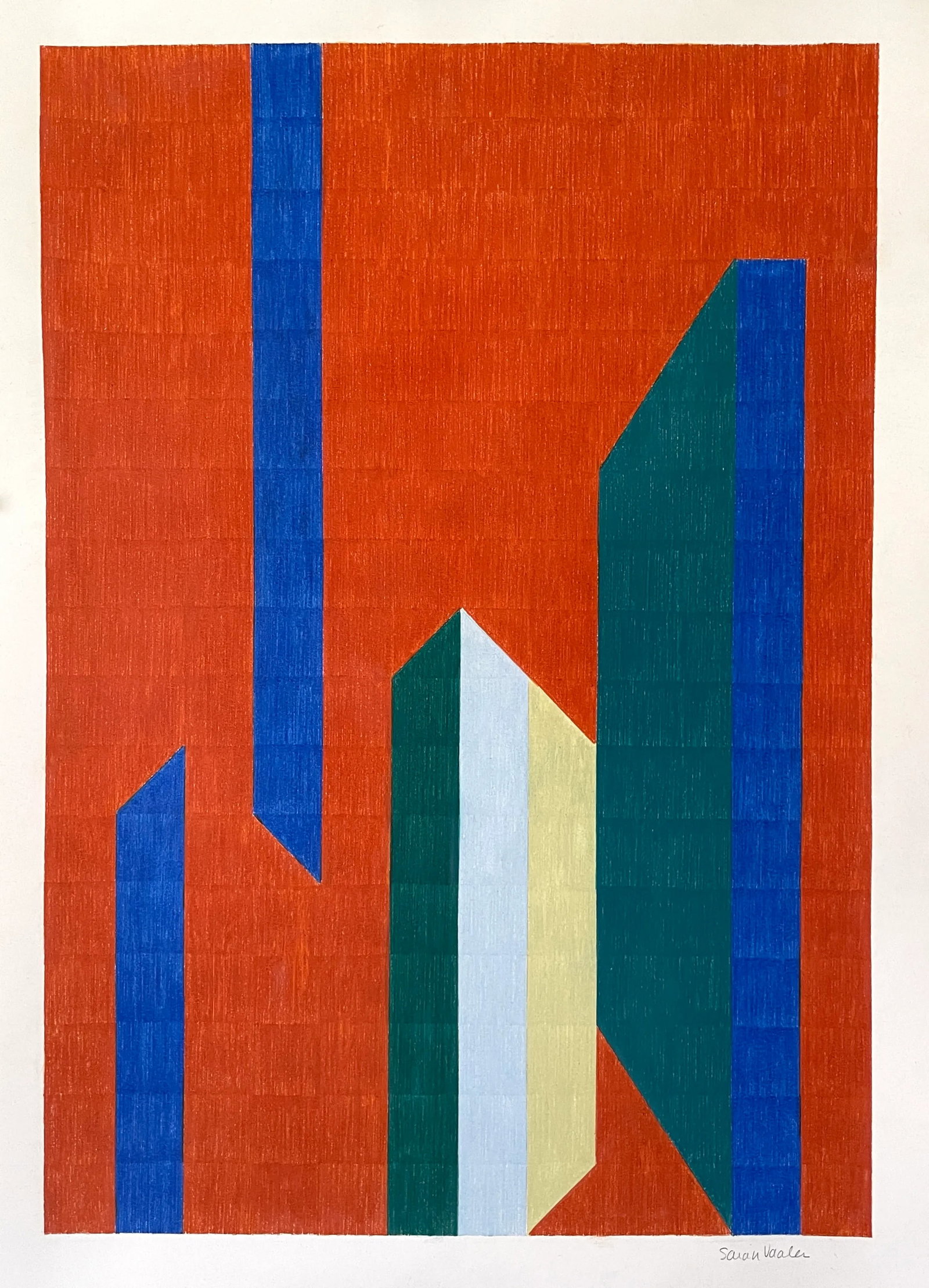 Geometric Color Pencil Design Drawing: This playful geometric design features cascading shapes in brick red, blue, green and tan. Made with color pencil on paper. Size: 22" x 30". Signed. Unframed. Condition: Imperfections: No Imperfection
