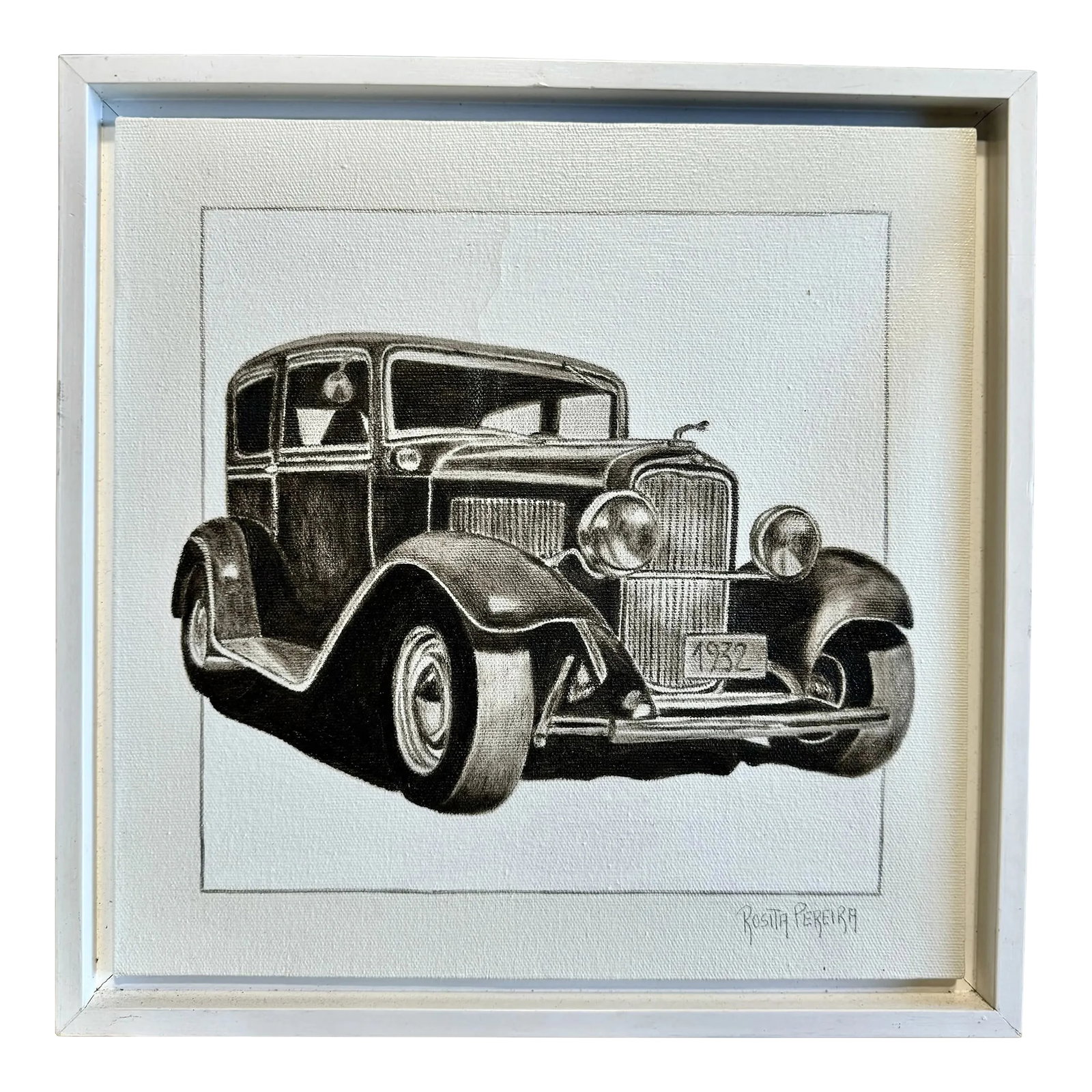 Ford 1932 Coupe V8 - Oil on Canvas: This beauty was acquired in 2014 in Curitiba, Brazil. Iconic vintage automobile piece by Rosita Pereira. Condition: Imperfections: Some Imperfections Condition Notes: Beautifully placed in a floating 