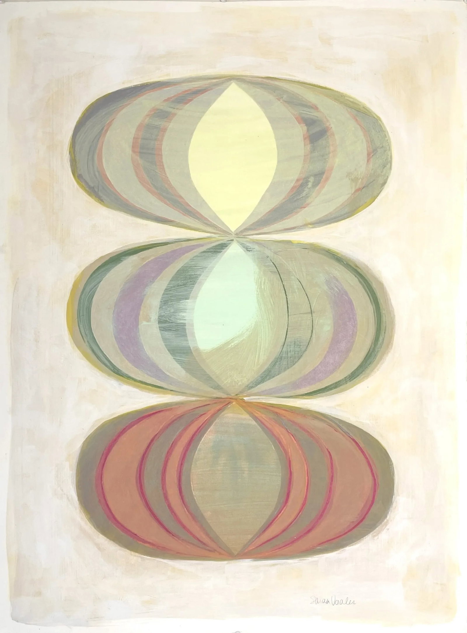 Abstract With Multicolor Modern Shapes: This design features stacks of ovals drawn with color pencil and overlayed with washy acrylic paint on paper. Colors include red, green, gray, peach, lavender and cream. Size: 22" x 30". Signed. Unfra