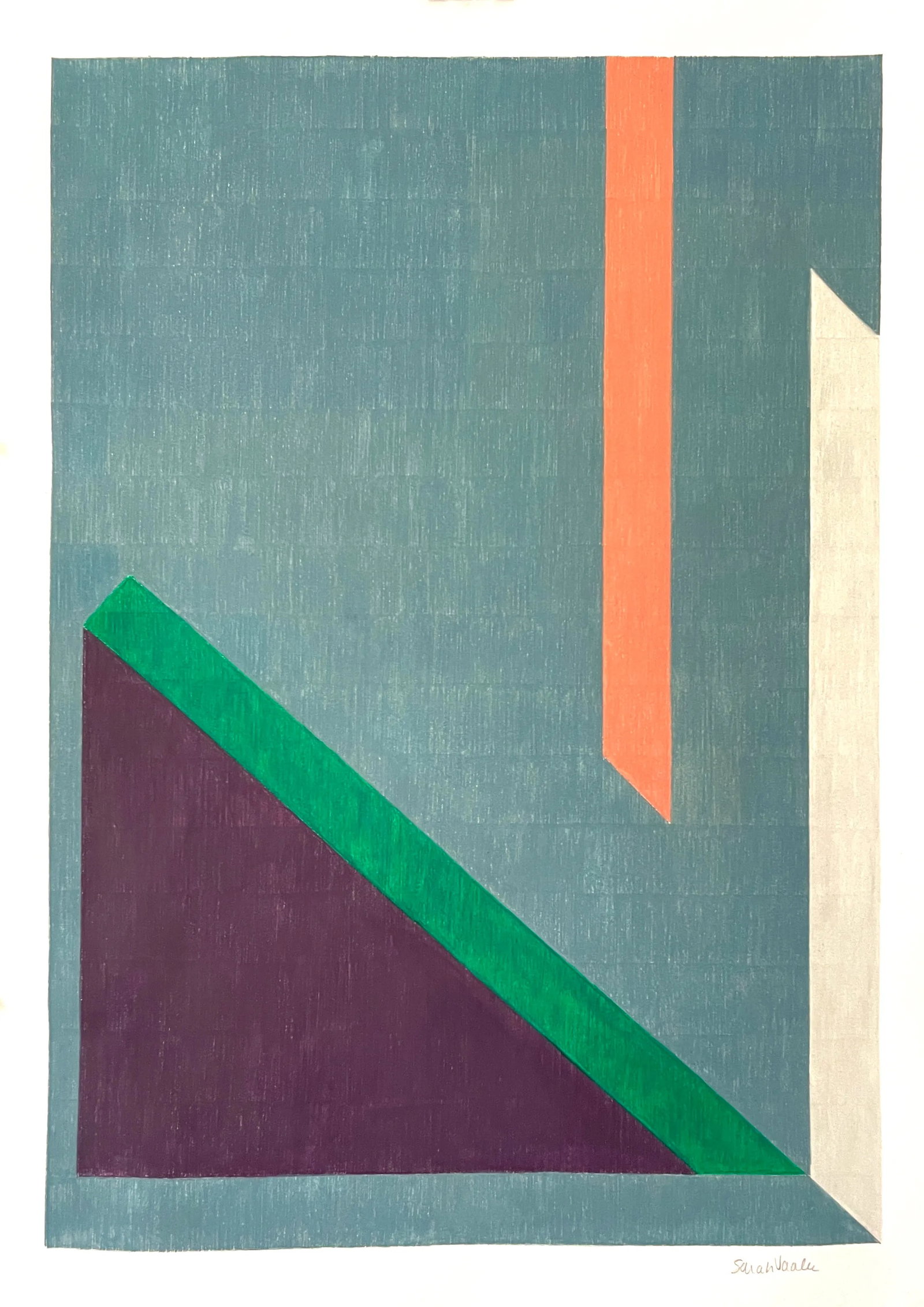 Geometric Color Pencil Design Drawing: This playful geometric design features floating shapes in apricot, plum, cream and green on a muted slate blue background. Made with color pencil on paper. Size: 22" x 30". Signed. Unframed.