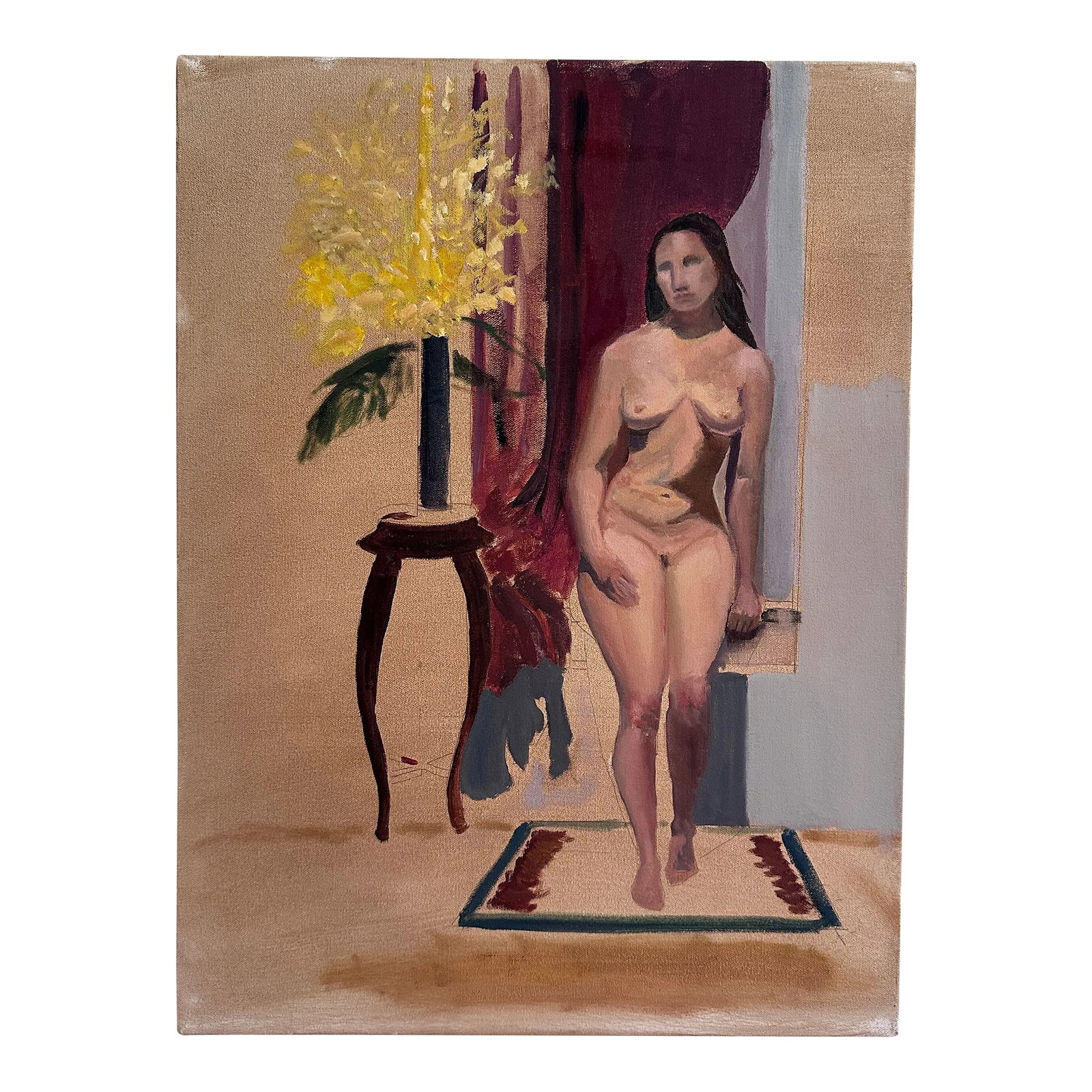 Vintage Nude Portrait Original Art Study: Vintage Portrait of a Nude Woman Nude portrait painting featuring a woman and vase of flowers. Seems to be a study or unfinished piece, note the pencil marks (see photos). Age unknown, possibly 70's