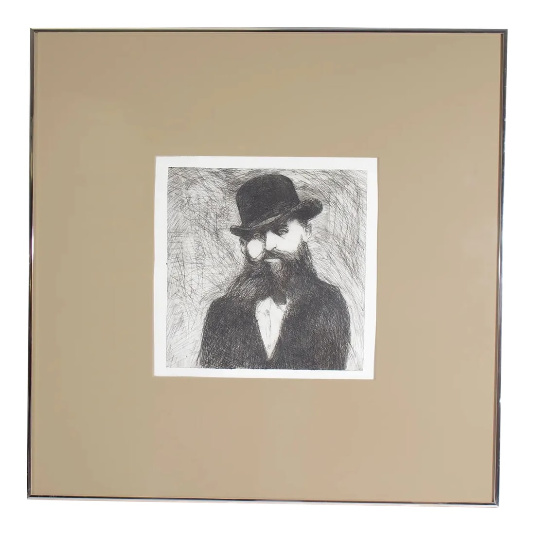 1960s Abstract Portrait Etching by James L. Bruch: A portrait etching by the American artist James L. Bruch (1942-2023). Unsigned, this print depicts a male figure with long beard wearing a bowler hat, suit jacket, and bowtie. The etching is